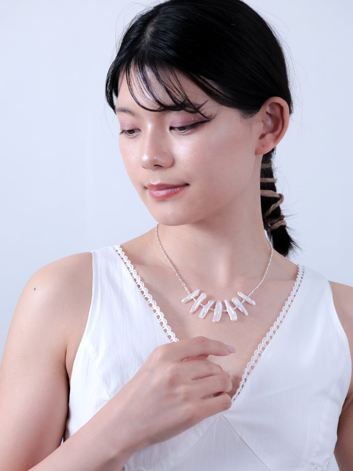 スティックパール フリンジ ネックレス〈光の翼〉- 金属アレルギー対応 / SV925