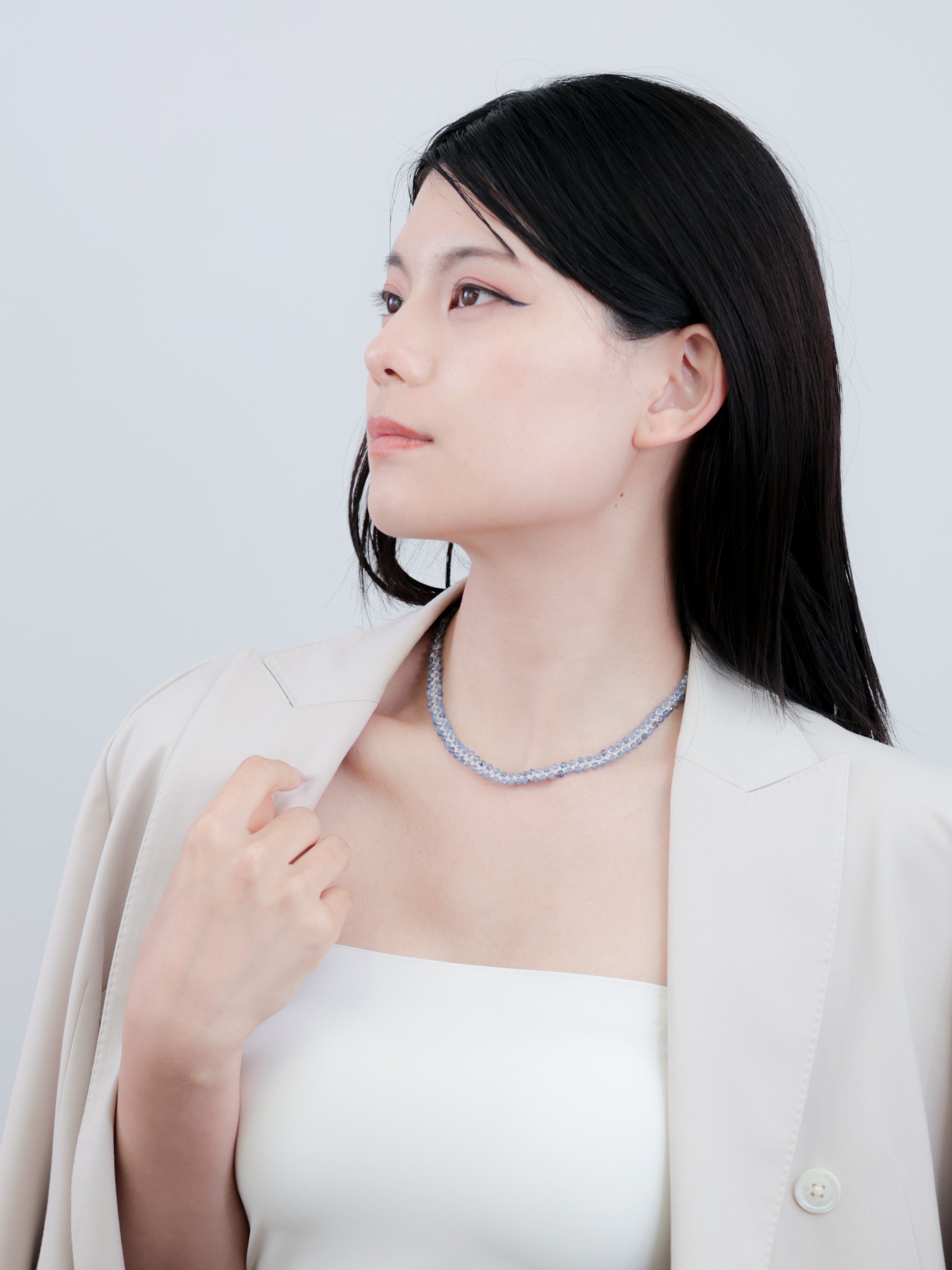 カイヤナイト クロッシェ ショートネックレス〈氷の華〉SV925 高輝度メタリックコード / 40cm 手仕事の梭編|神戸アトリエ LUCINE