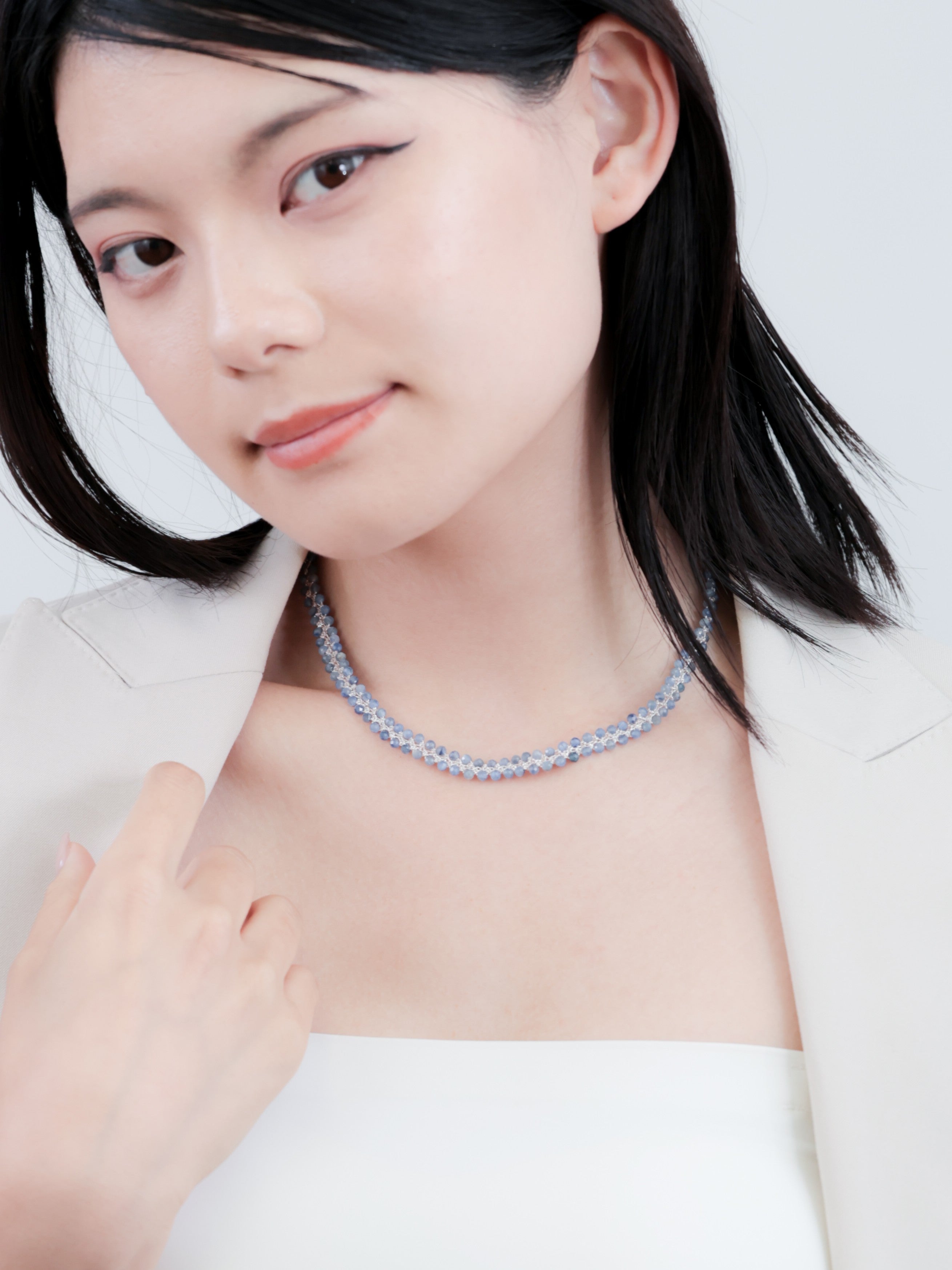 カイヤナイト クロッシェ ショートネックレス〈氷の華〉SV925 高輝度メタリックコード / 40cm 手仕事の梭編|神戸アトリエ LUCINE