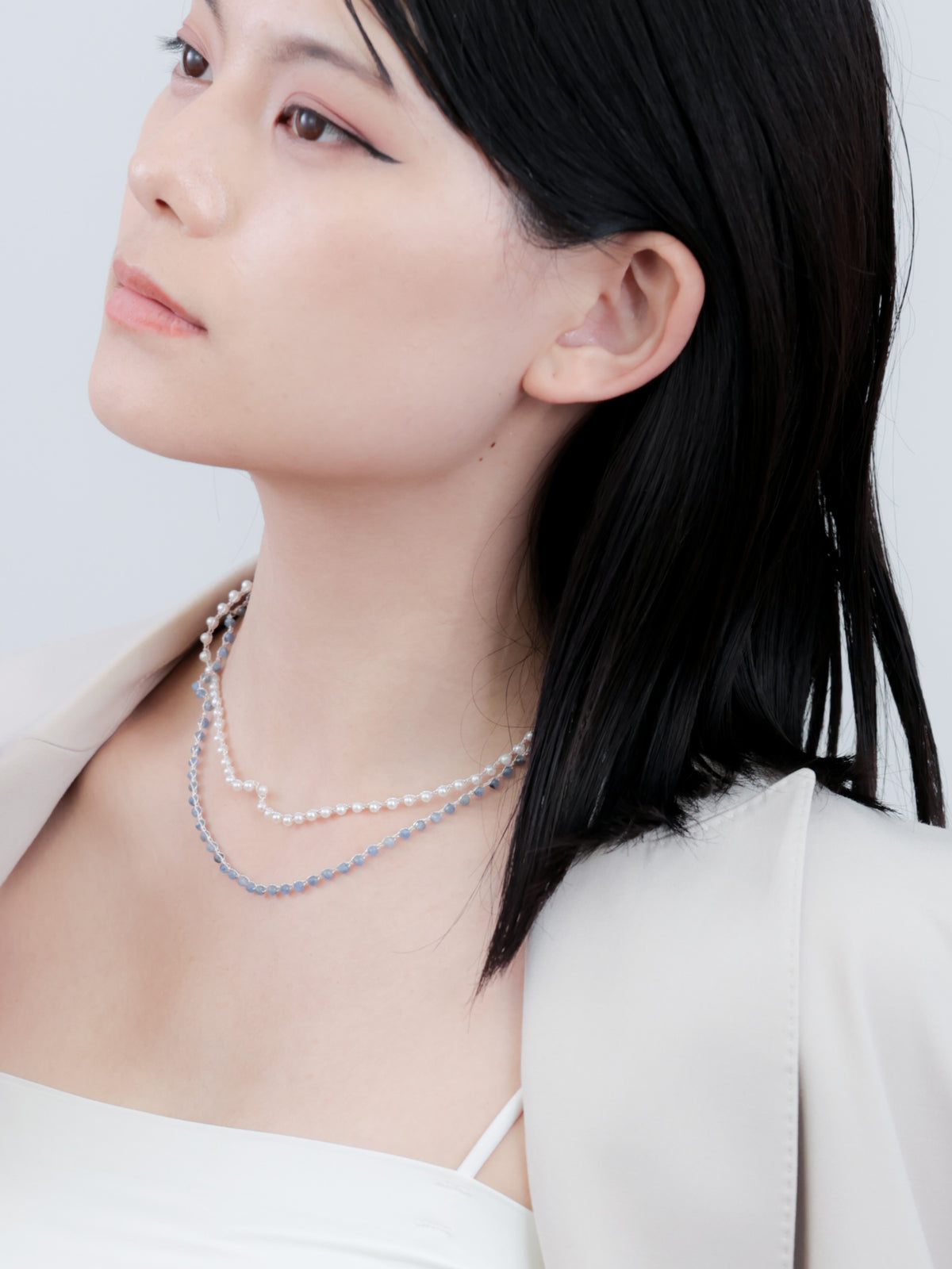 カイヤナイト × 淡水パール 2連 ロングネックレス〈深海の月光〉銀糸クロッシェ / 85cm|神戸アトリエ LUCINE