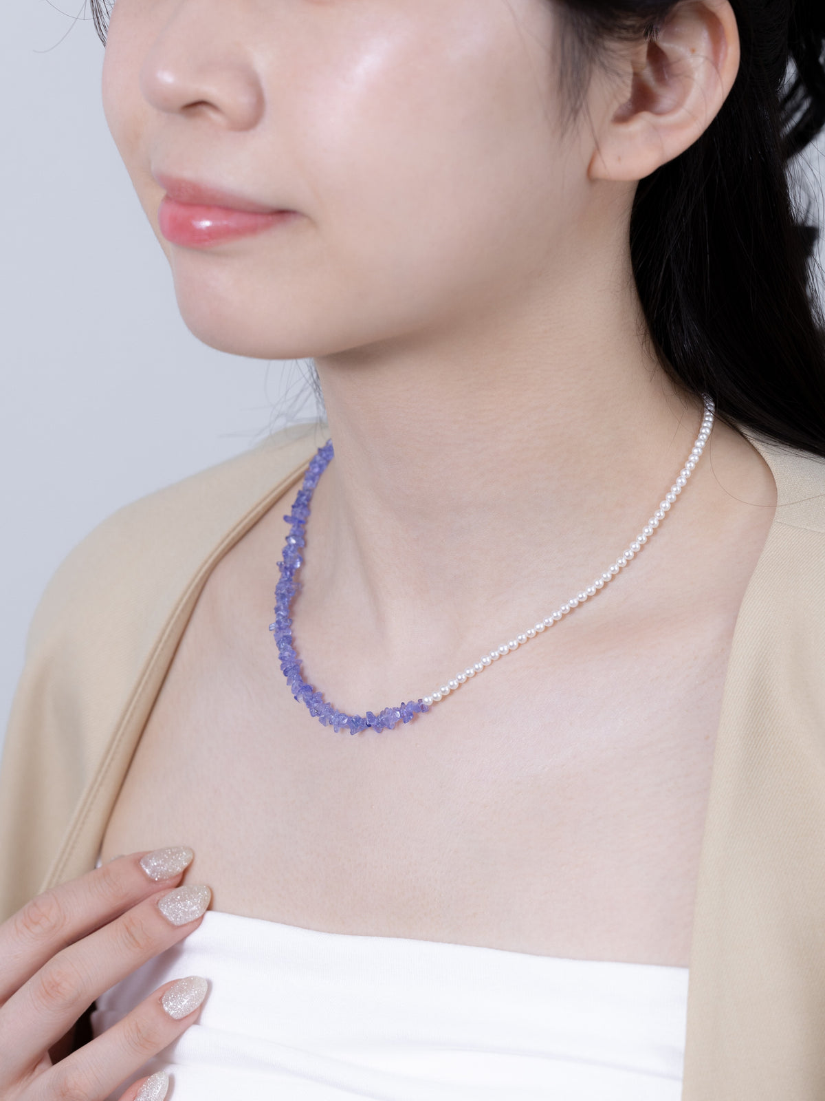 タンザナイト × 淡水パール アシンメトリーネックレス - 【薄明の空】SV925 / 40cm+5cm