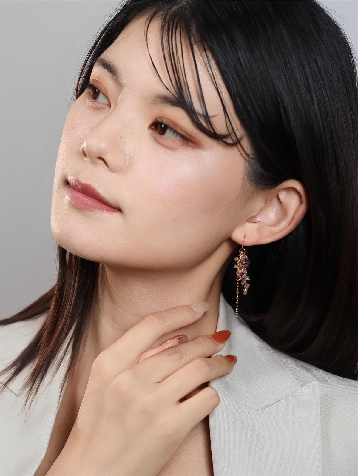 アメジスト & スピネル ロング ピアス〈藤の花〉- 2月誕生石 / 8月誕生石 / 金属アレルギー対応 / 14KGF
