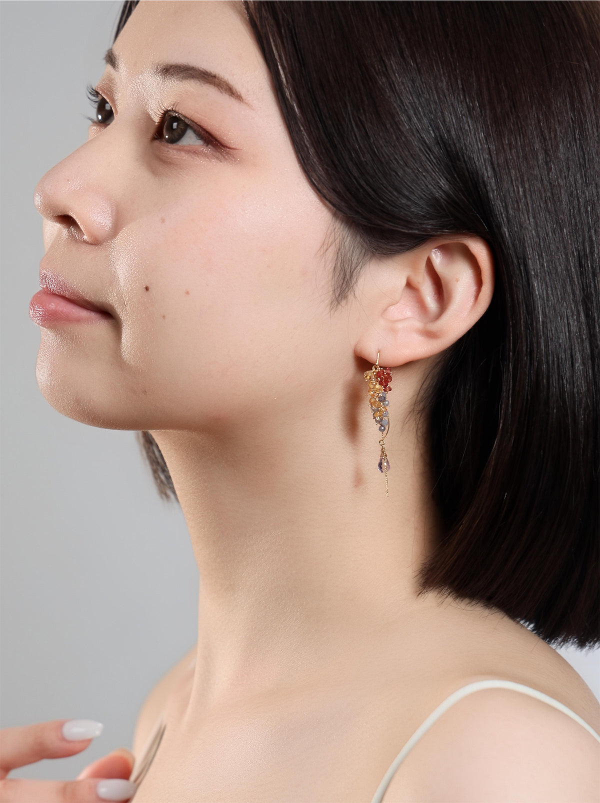イエローサファイア & アメジスト & タンザナイト ロングピアス〈雫は、いく色にもこぼれて〉チェーンドロップ 14KGF・SV925・316L / 金属アレルギー対応・イヤリング変更可