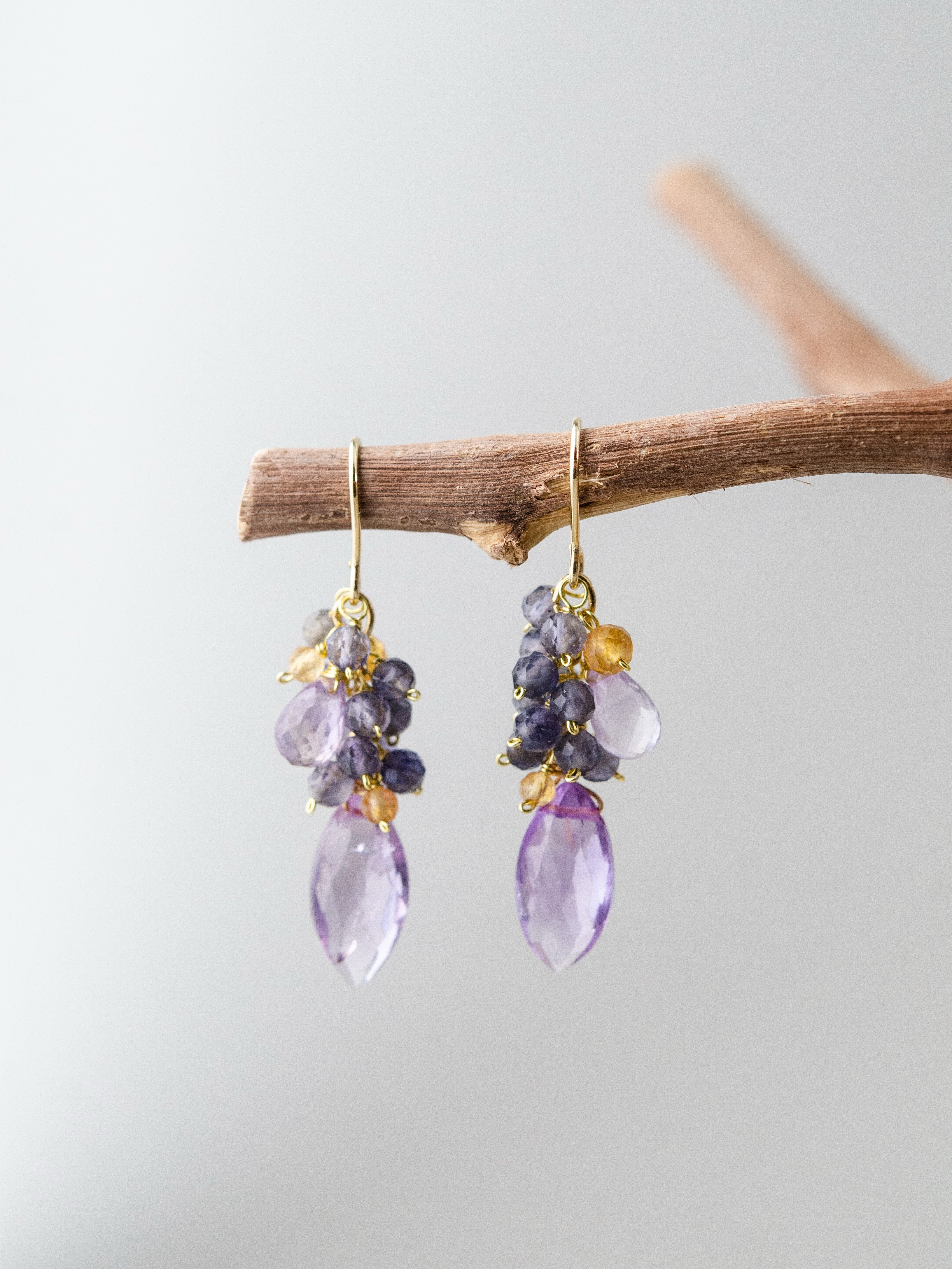 アメジスト & シトリン & アイオライト ピアス スミレの花咲く 誕生石 14kgf