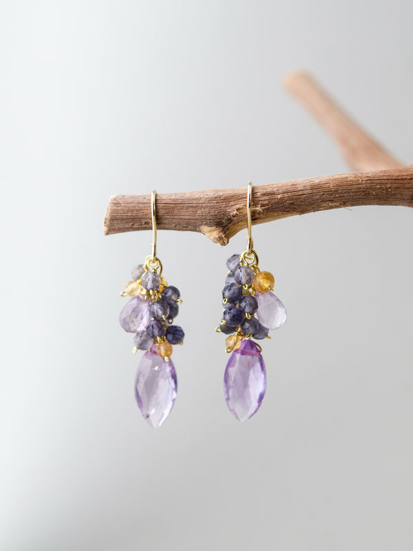 アメジスト & シトリン & アイオライト ピアス スミレの花咲く 誕生石 14kgf