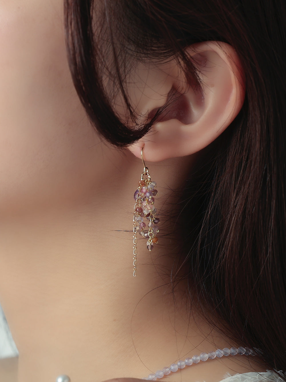 アメジスト & スピネル ロング ピアス【イヤリング可】藤の花の