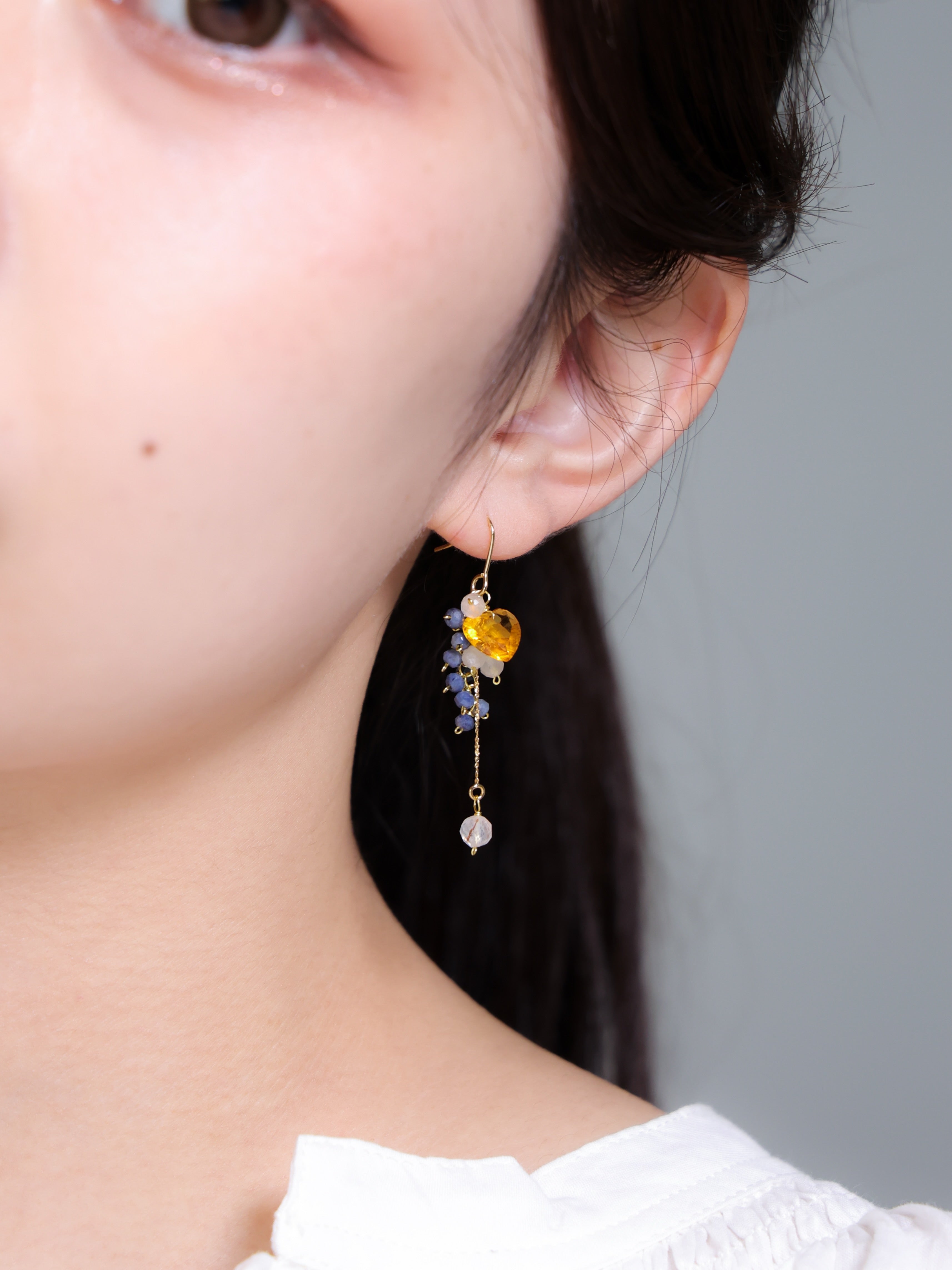 ピアス 着用画像 モデル 横顔 サファイア イエロークォーツ サイズ感