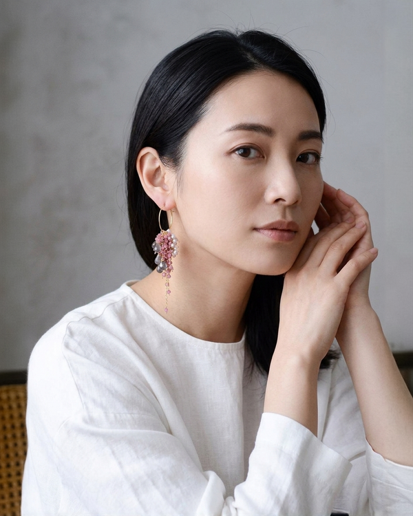 ピンクトルマリン & ラブラドライト フープピアス〈花かげの光〉淡水パール・シェルの花 14KGF / 10月誕生石