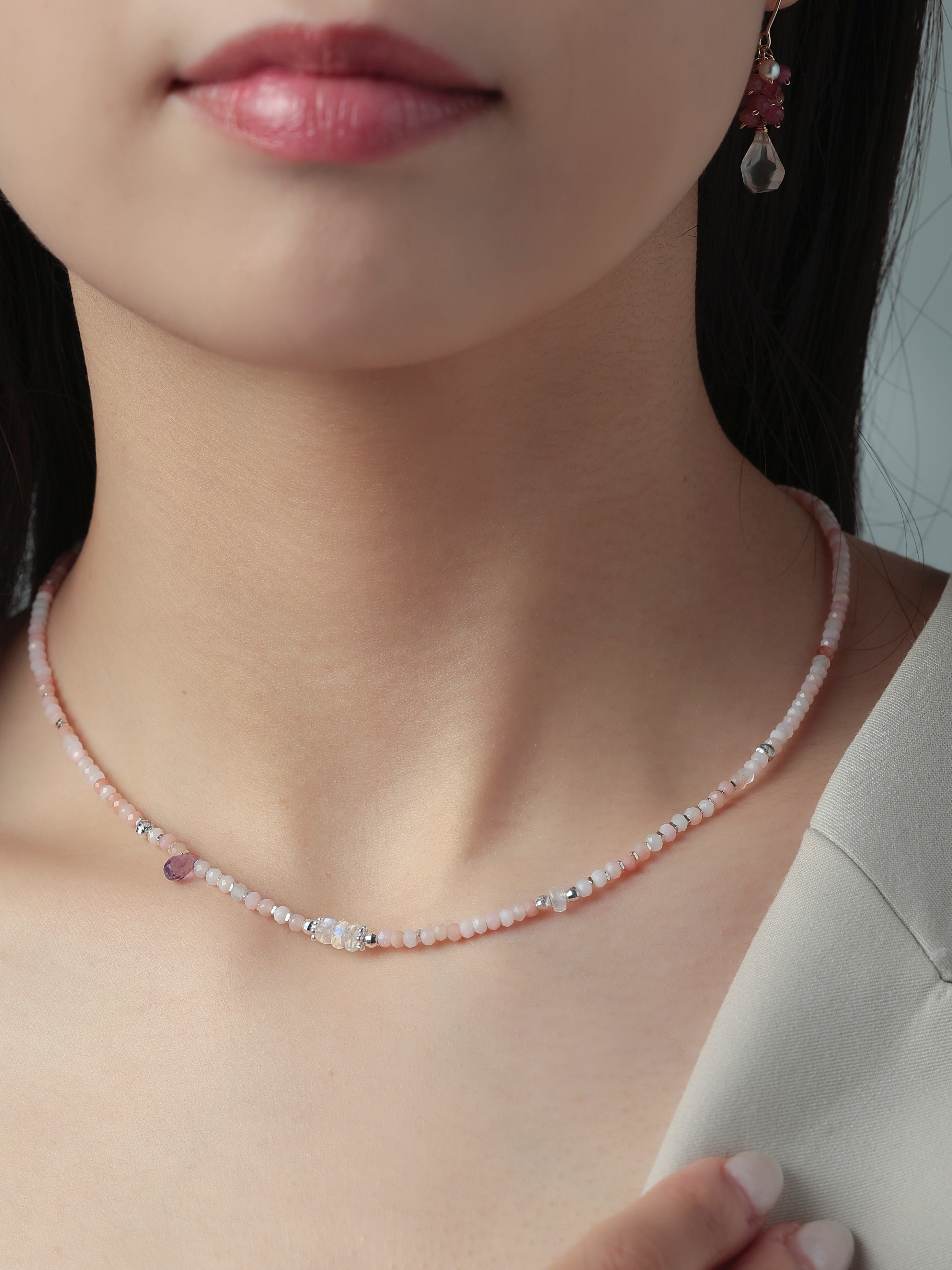 ピンクオパール & アメジスト ネックレス - 【春待ちの桜色】優しい