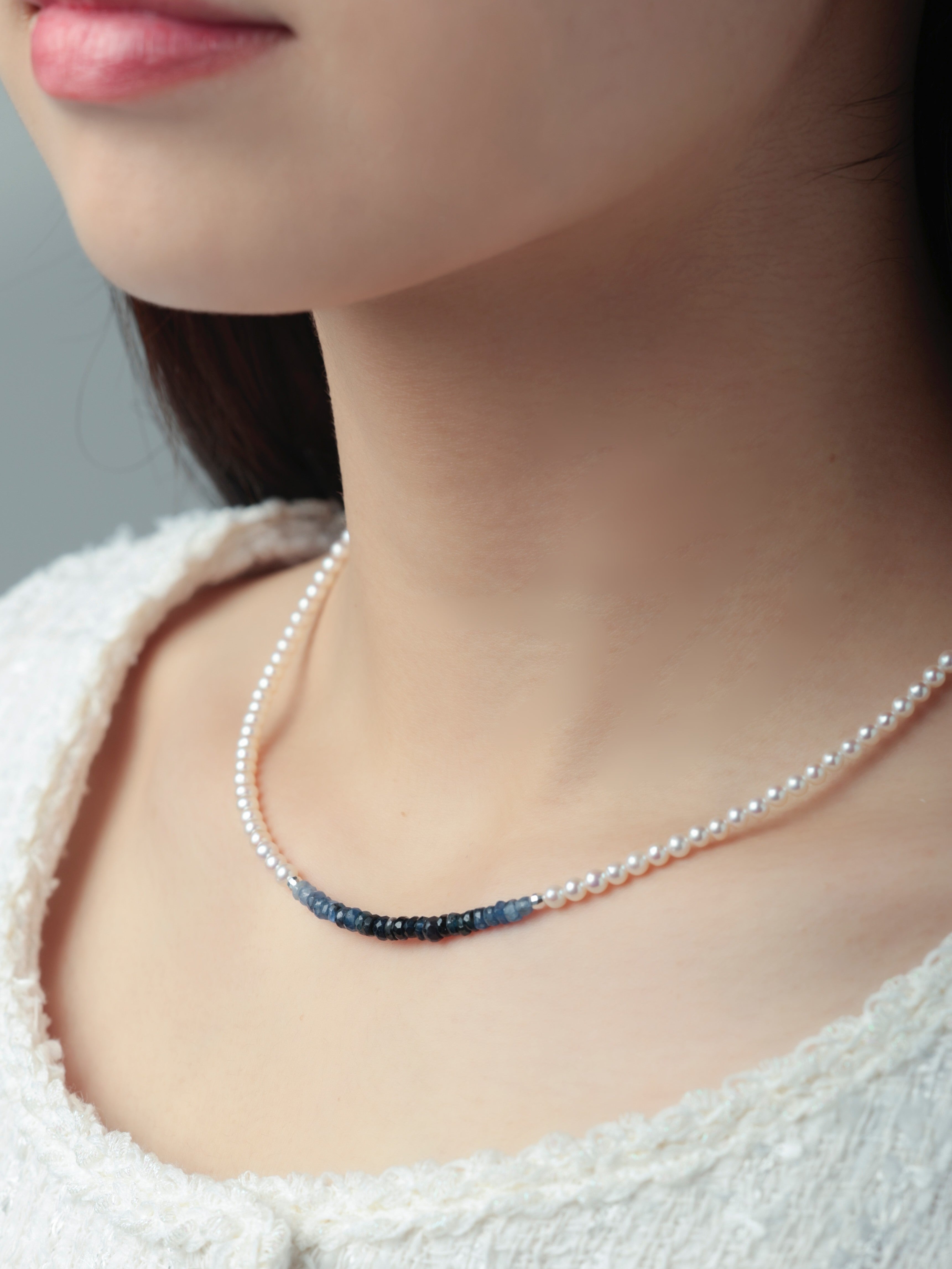 サファイア グラデーション ネックレス｜淡水パール アクセント｜SV925｜40cm