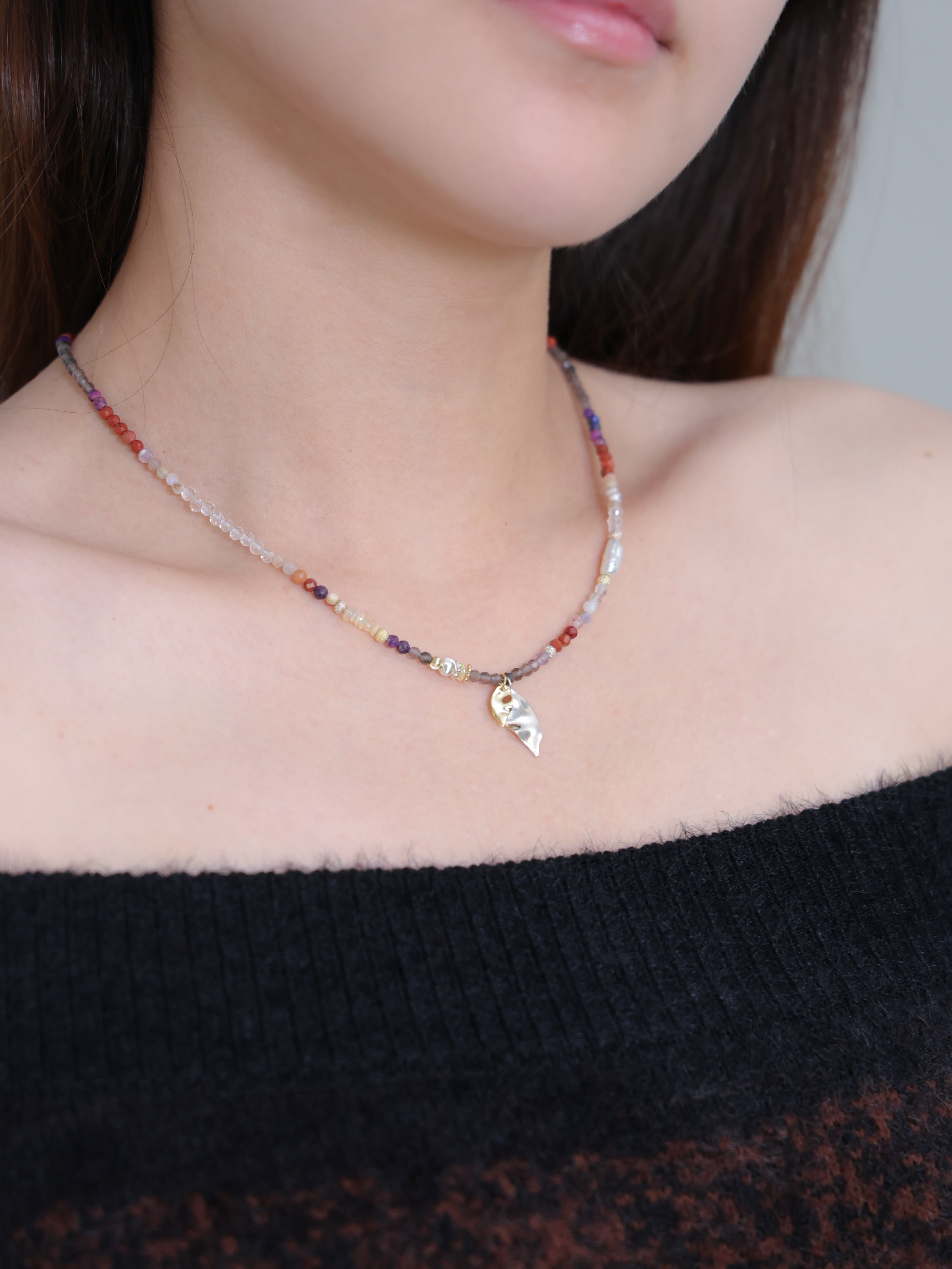 【葉】南紅メノウ·スモーキークォーツ リーフ ネックレス｜SV925