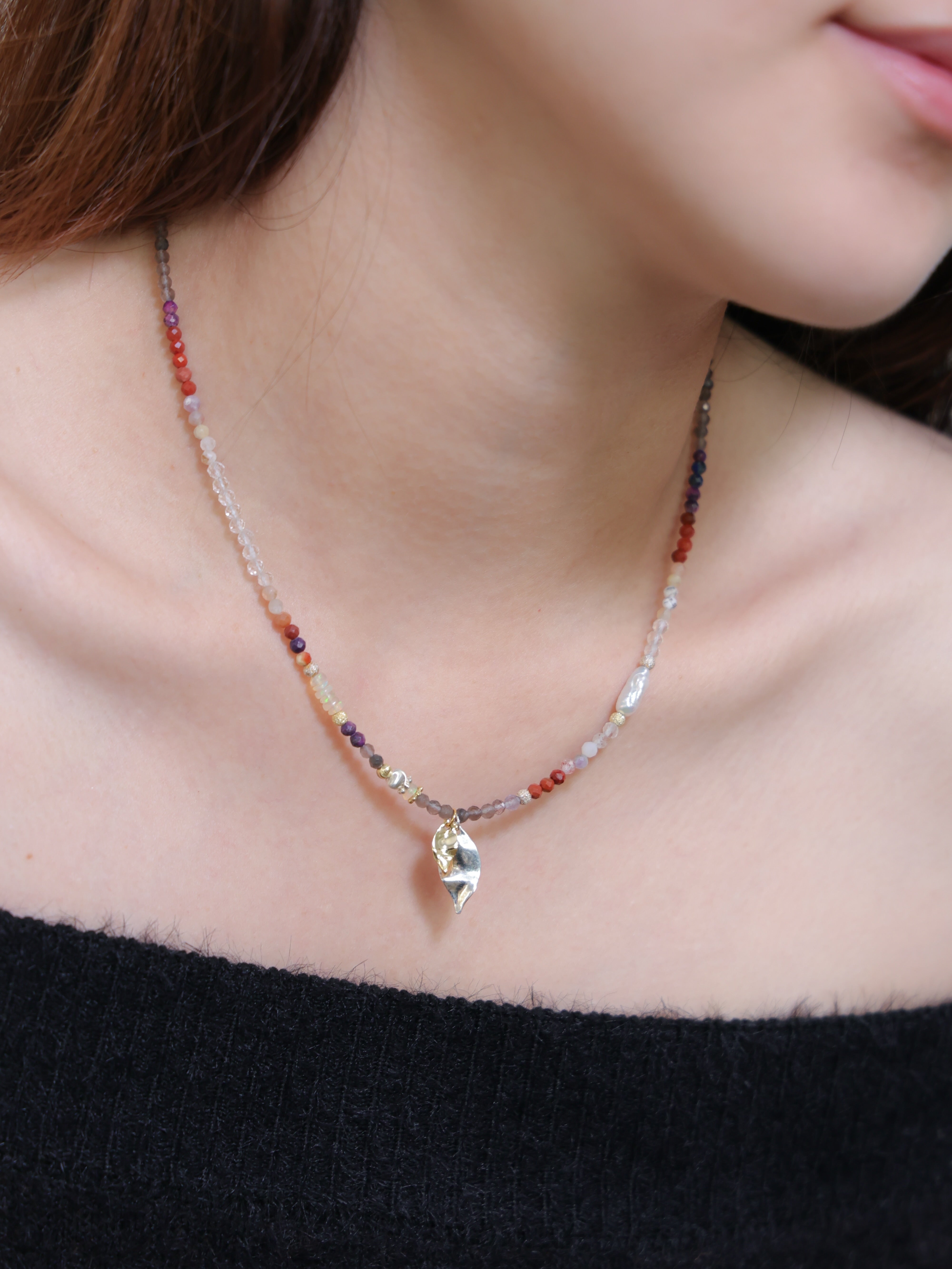 【葉】南紅メノウ·スモーキークォーツ リーフ ネックレス｜SV925