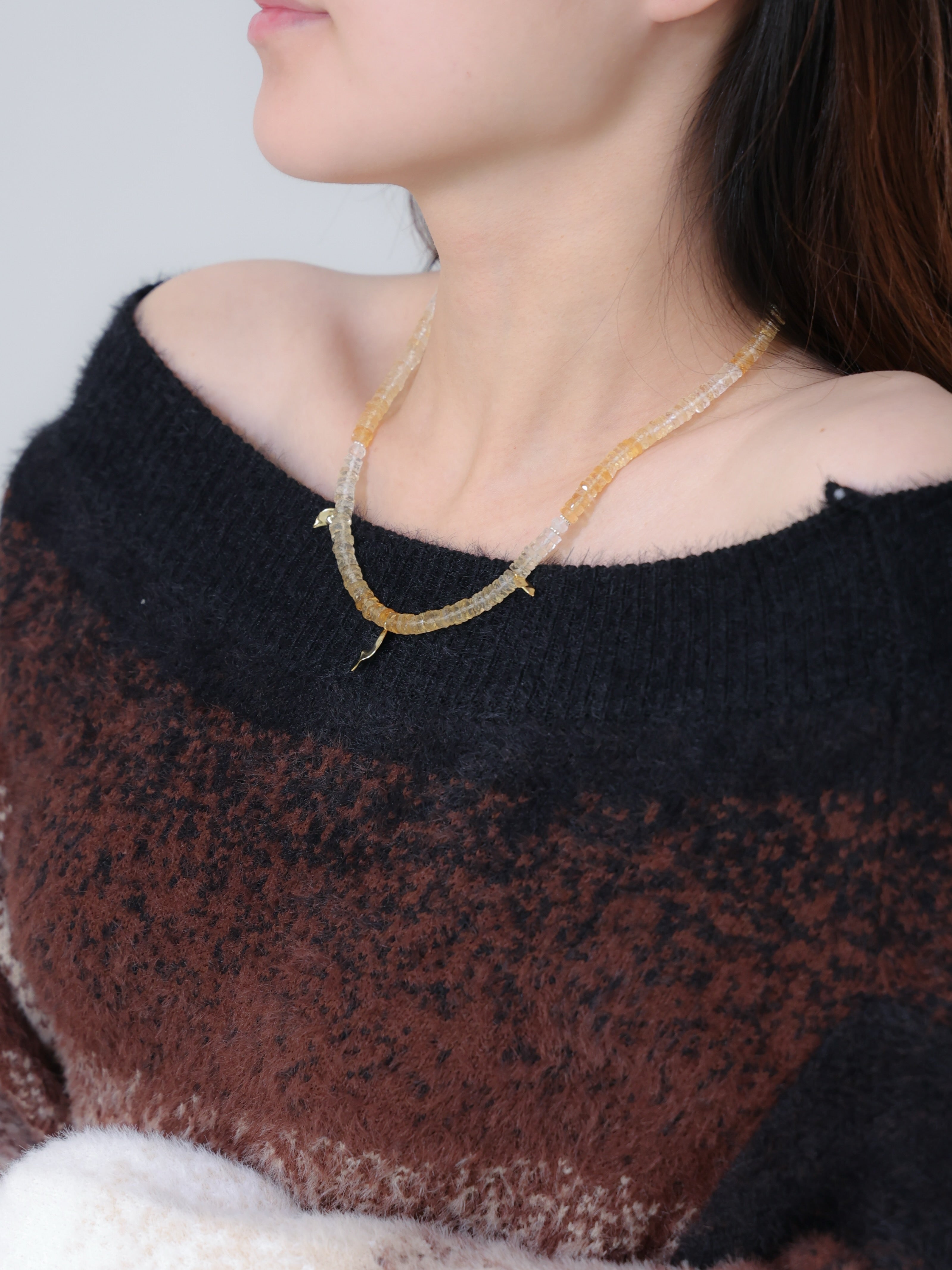 【葉】シトリン グラデーション リーフ ネックレス｜SV925（K14メッキ）