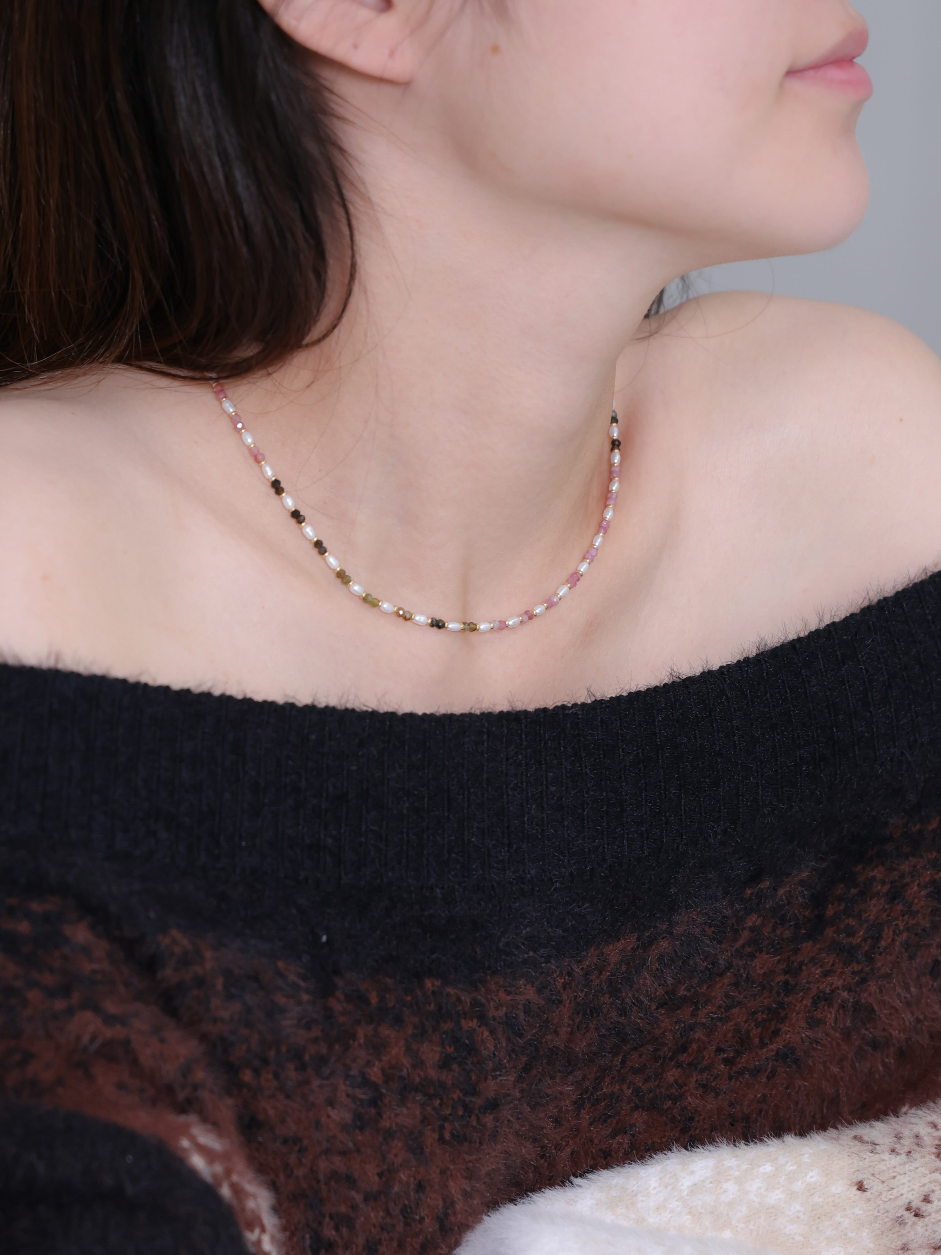 【10月・6月 誕生石】トルマリン 淡水パール | マルチカラー 華奢 K14G