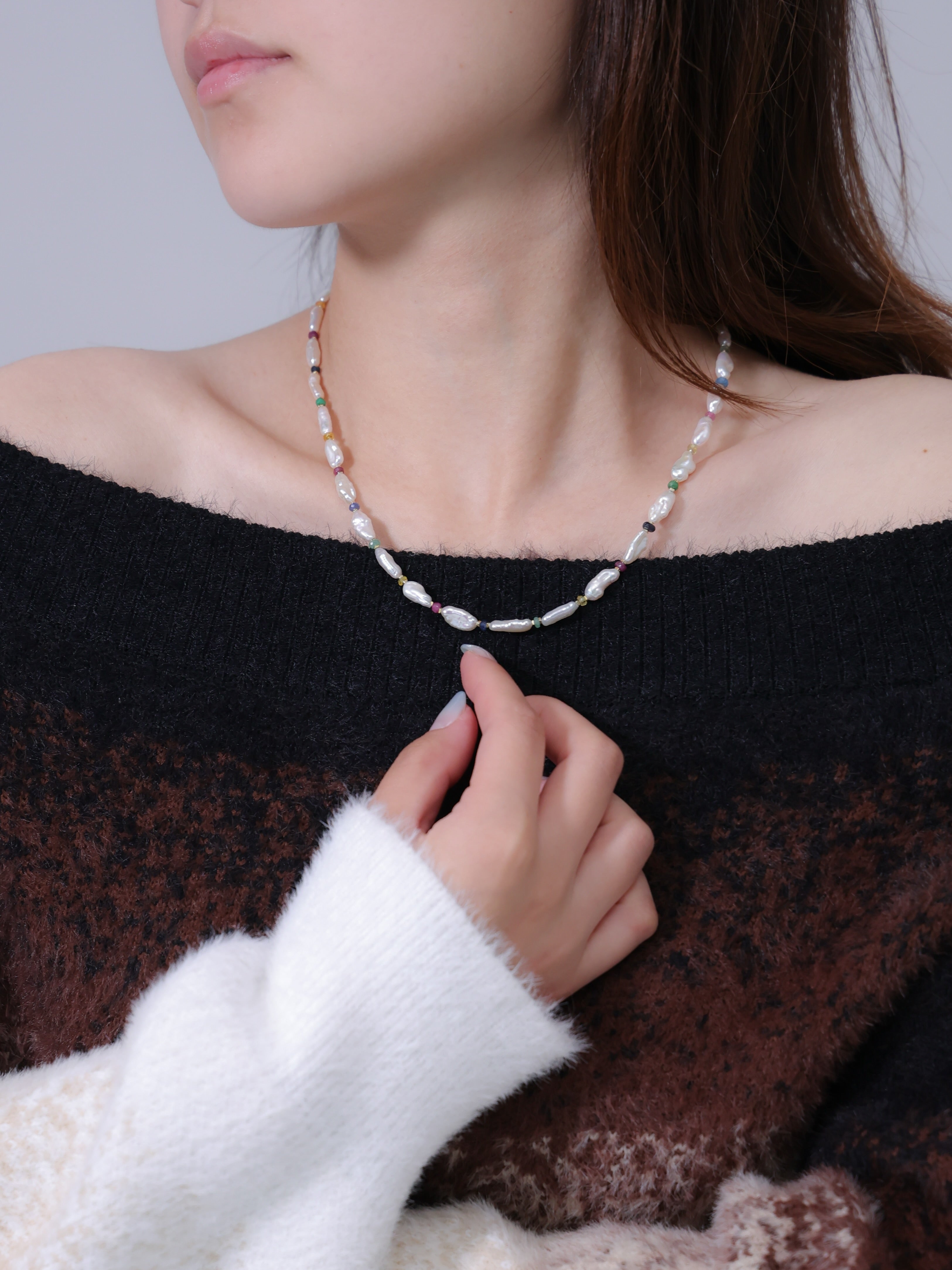 淡水パール & マルチカラーストーン ネックレス - 【喜びの