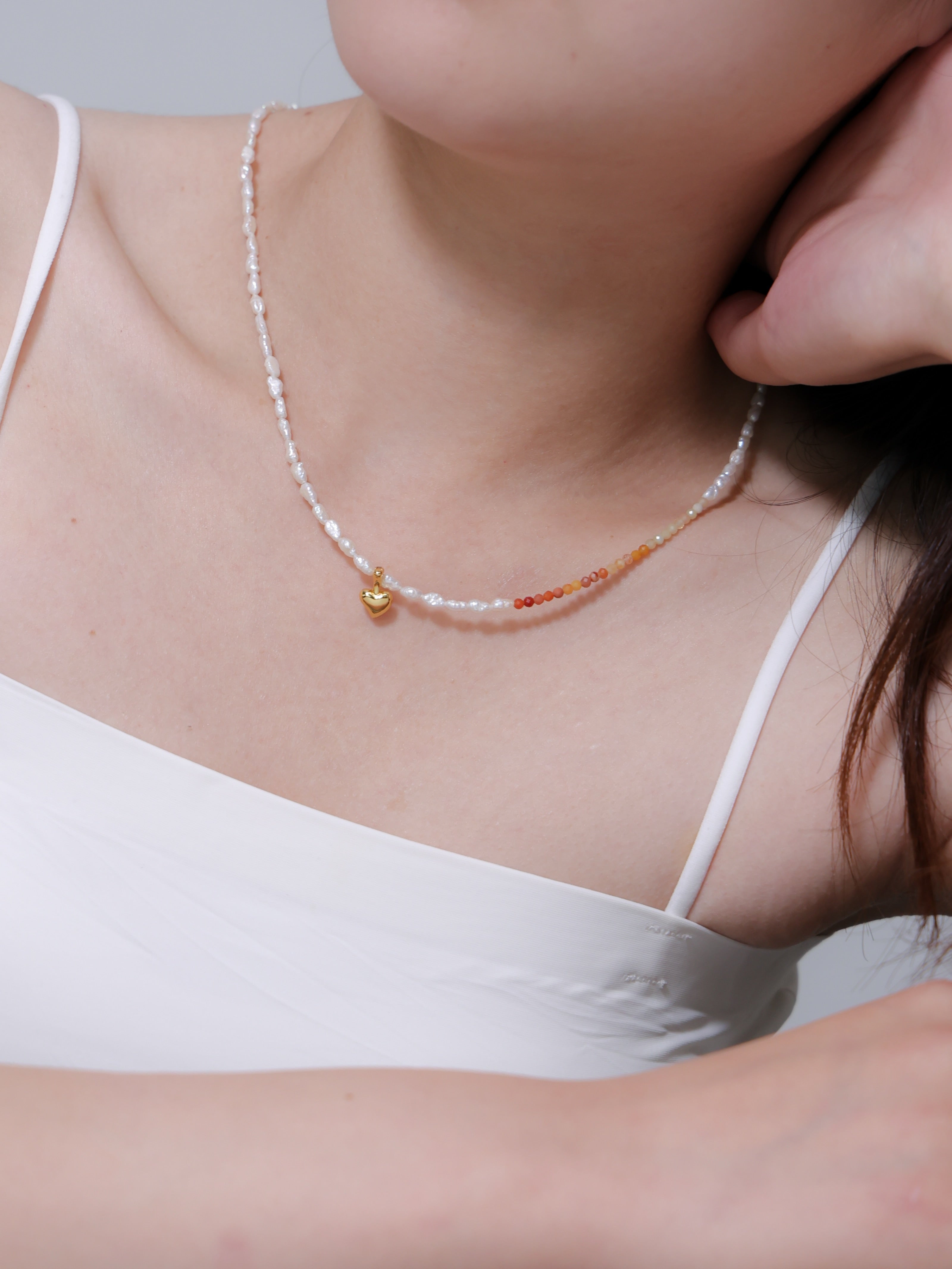 淡水パール・金絲玉 ハートチャーム ネックレス｜SV925（K14Gメッキ）