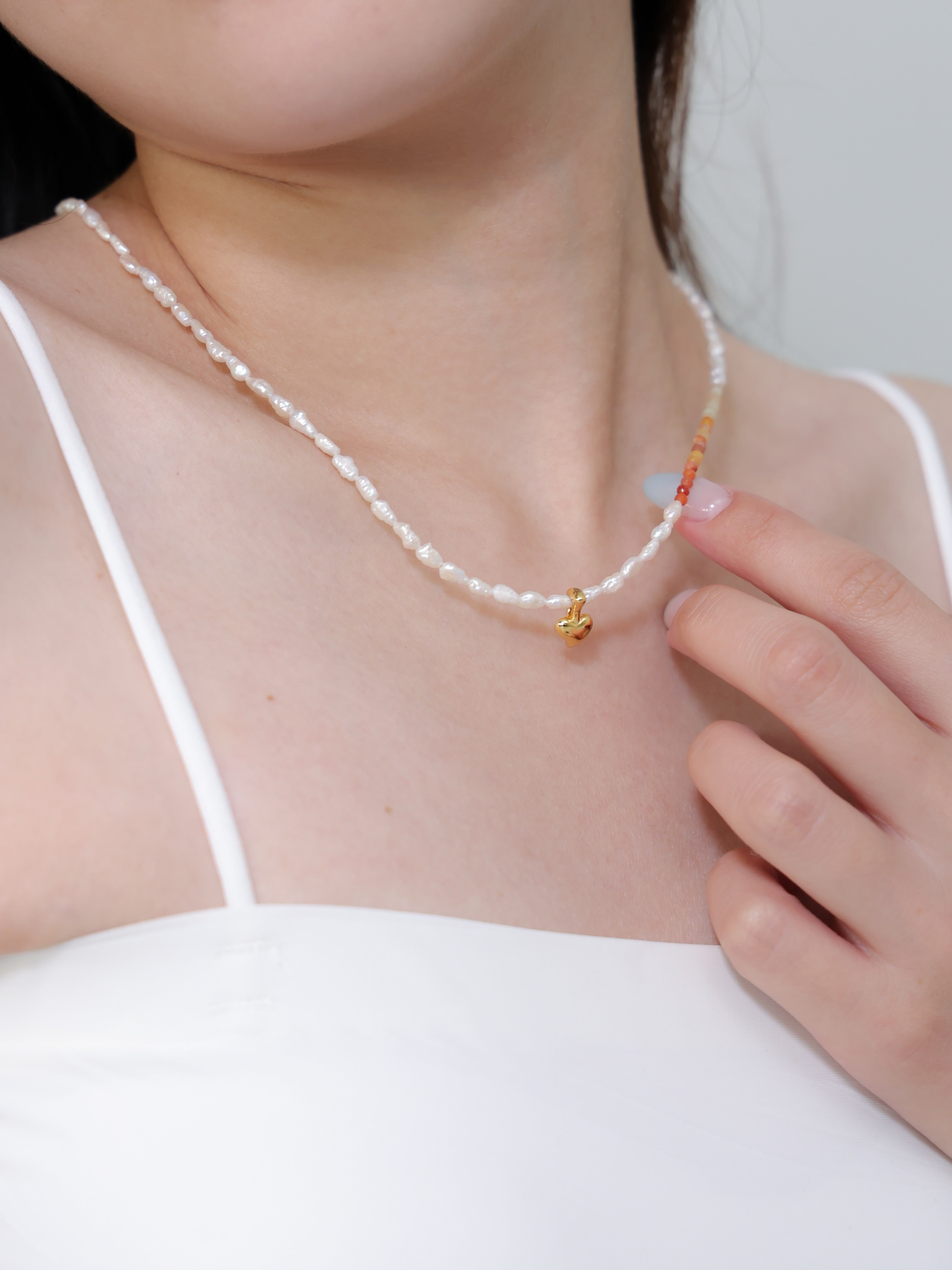 淡水パール・金絲玉 ハートチャーム ネックレス｜SV925（K14Gメッキ）
