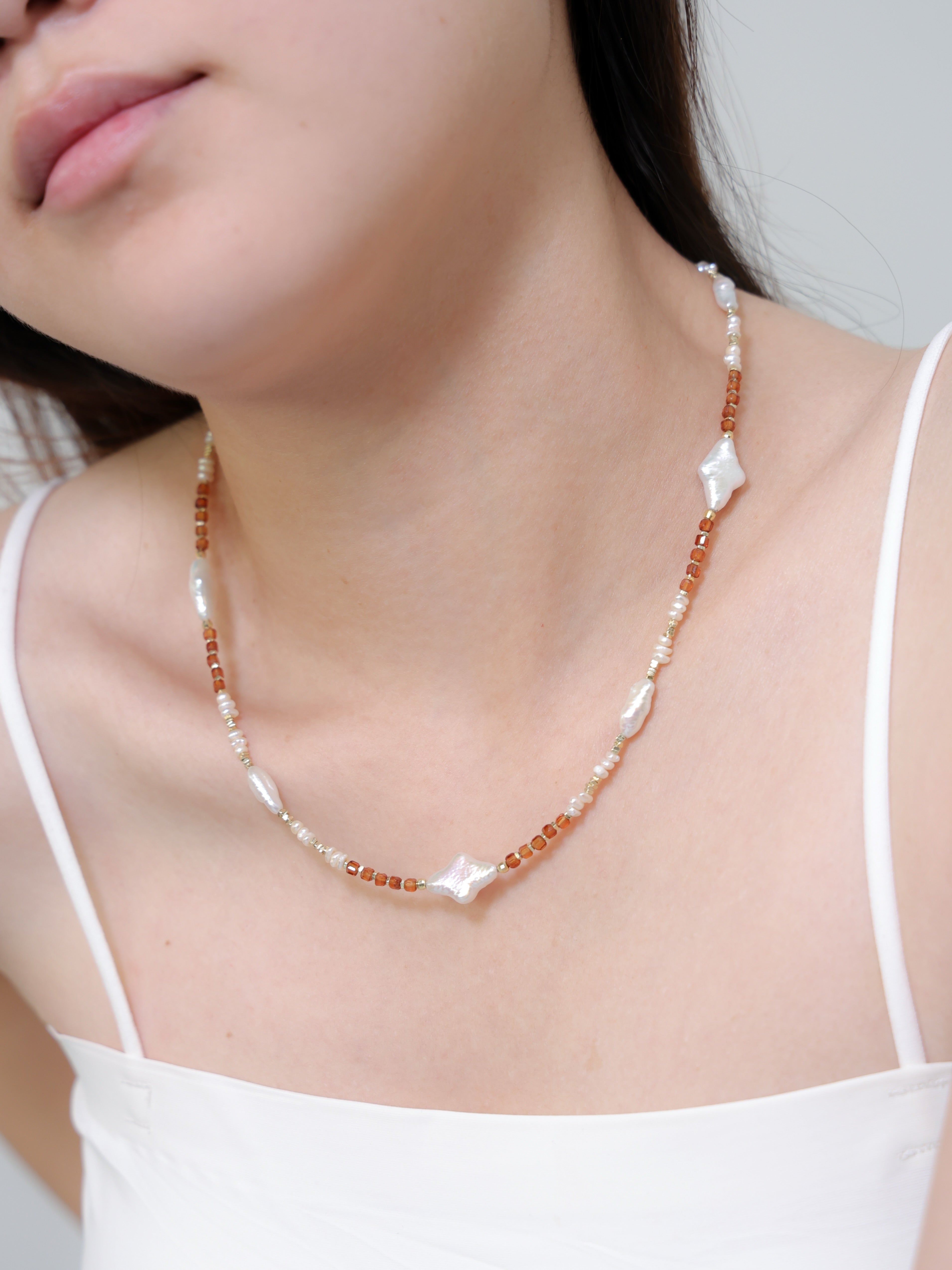 【1月・6月 誕生石】オレンジガーネット 淡水パール | 華奢 菱形 K14Gメッキ