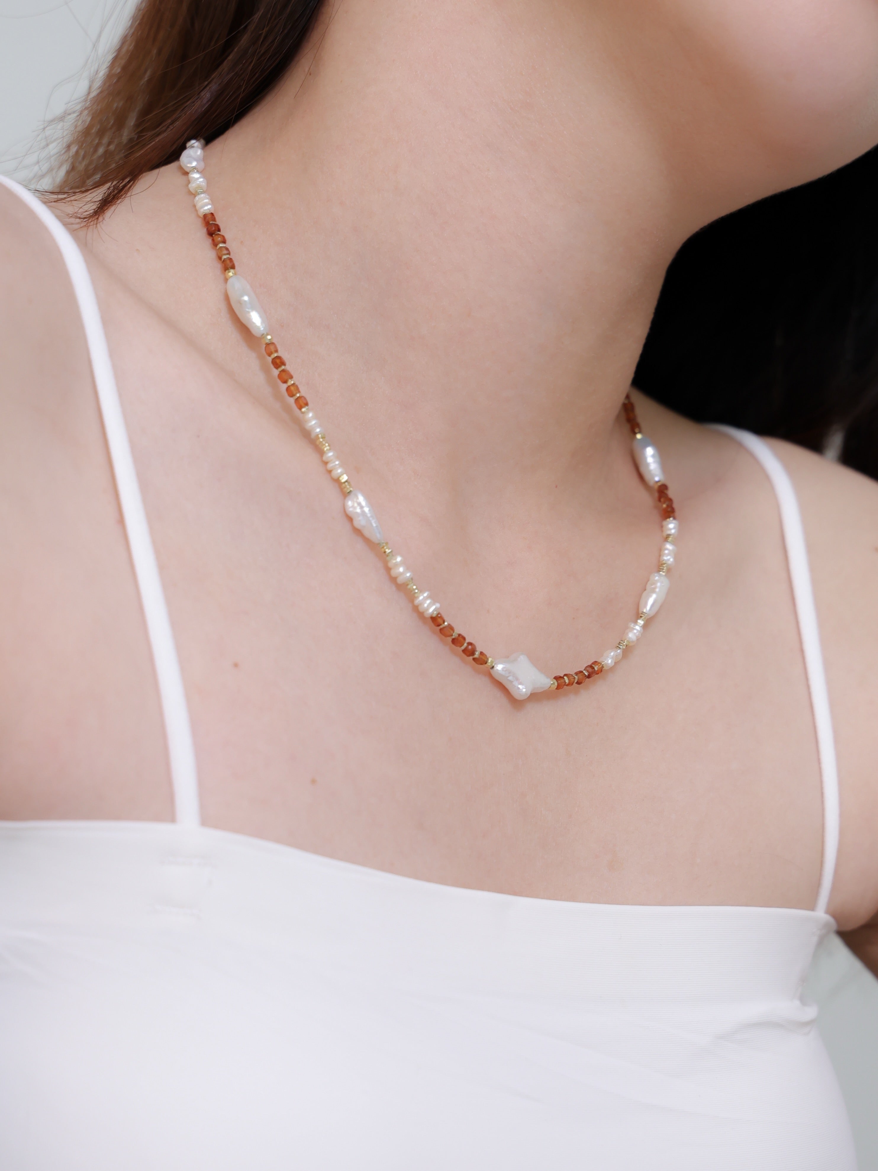 【1月・6月 誕生石】オレンジガーネット 淡水パール | 華奢 菱形 K14Gメッキ