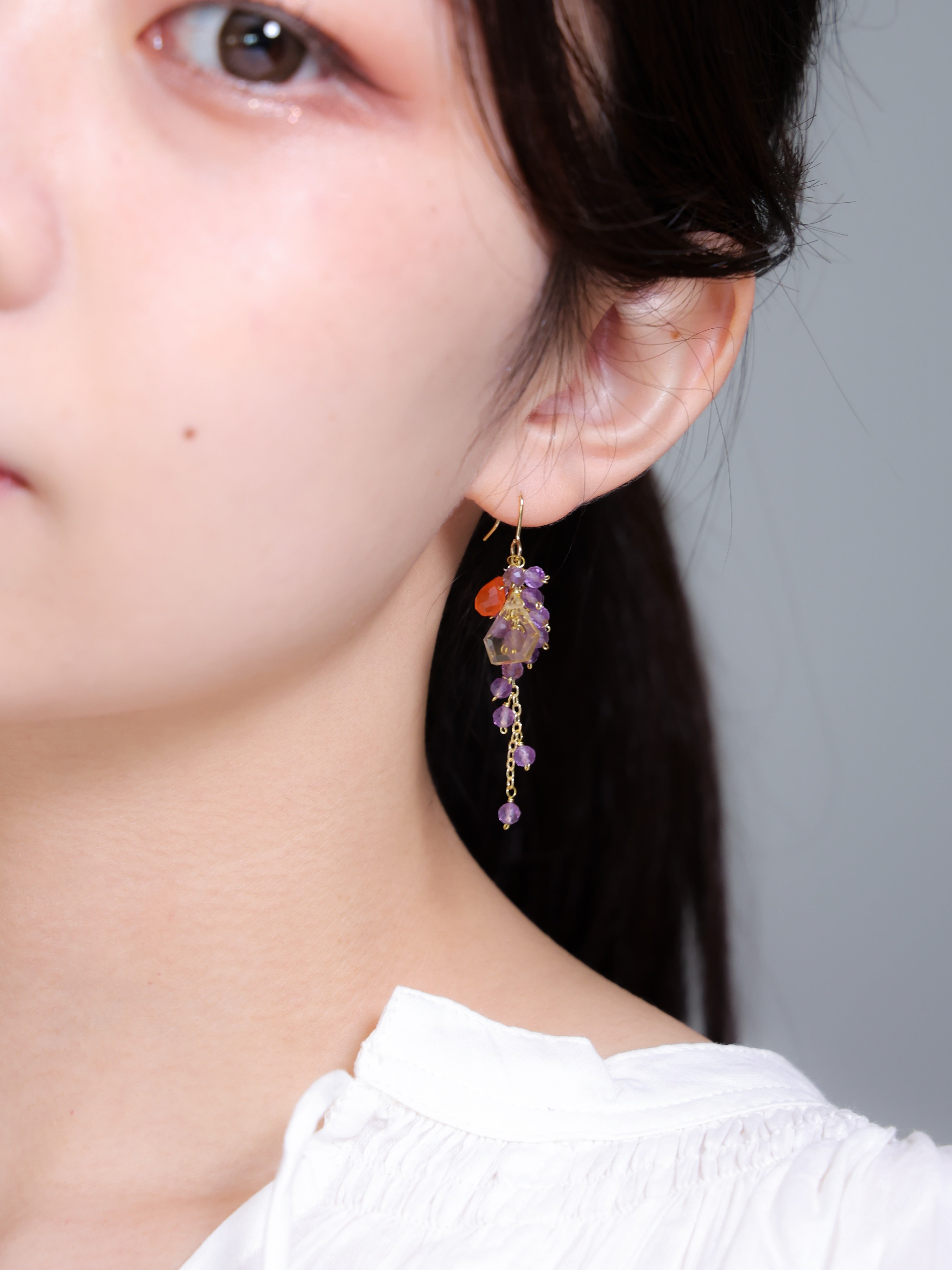 【2月誕生石】アメジスト & シトリン ピアス | 葡萄色の果実 (14KGF/316L)