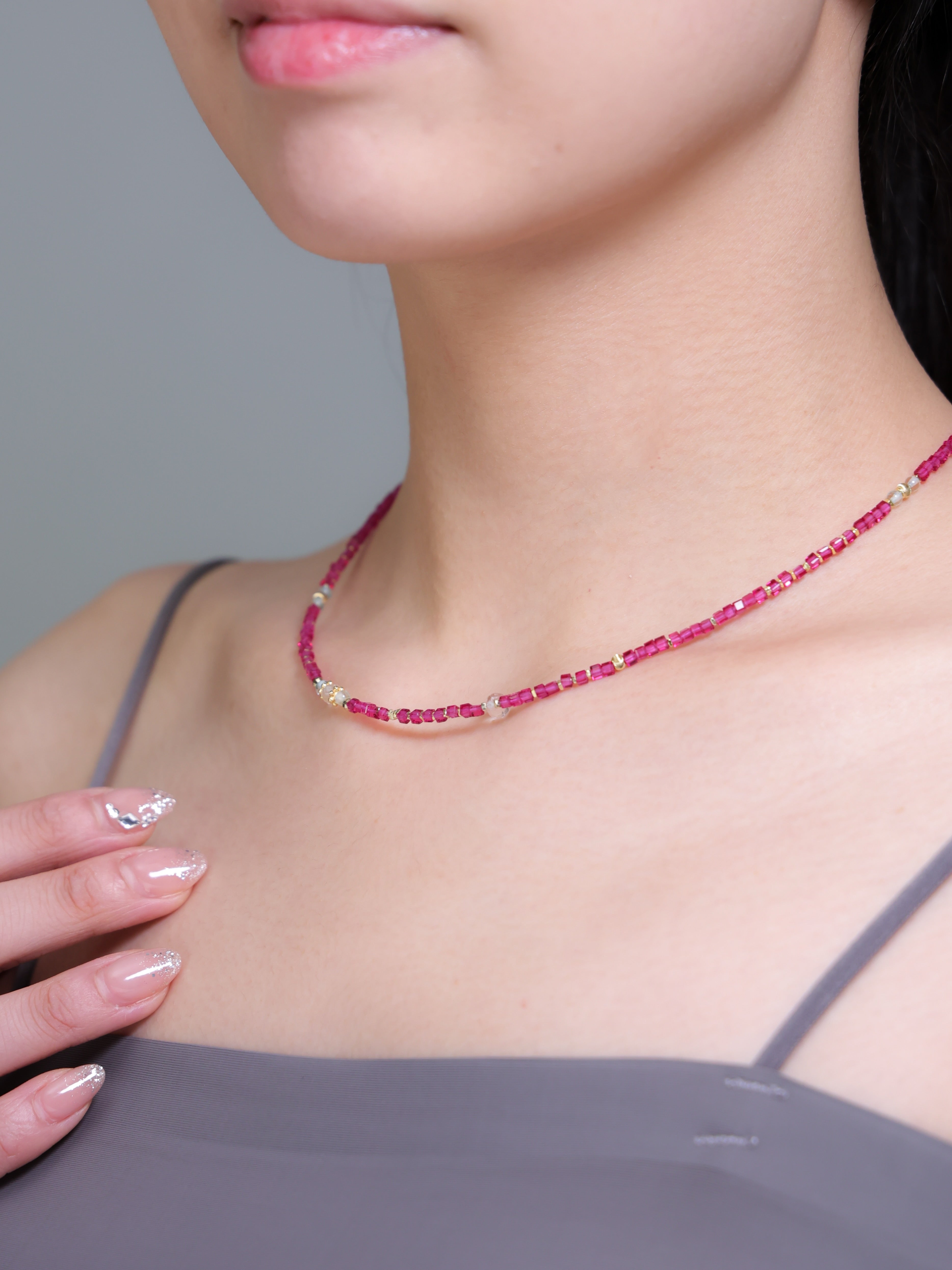 【7月 誕生石】レッドコランダム ローズクォーツ | 華奢 上品 K14メッキ