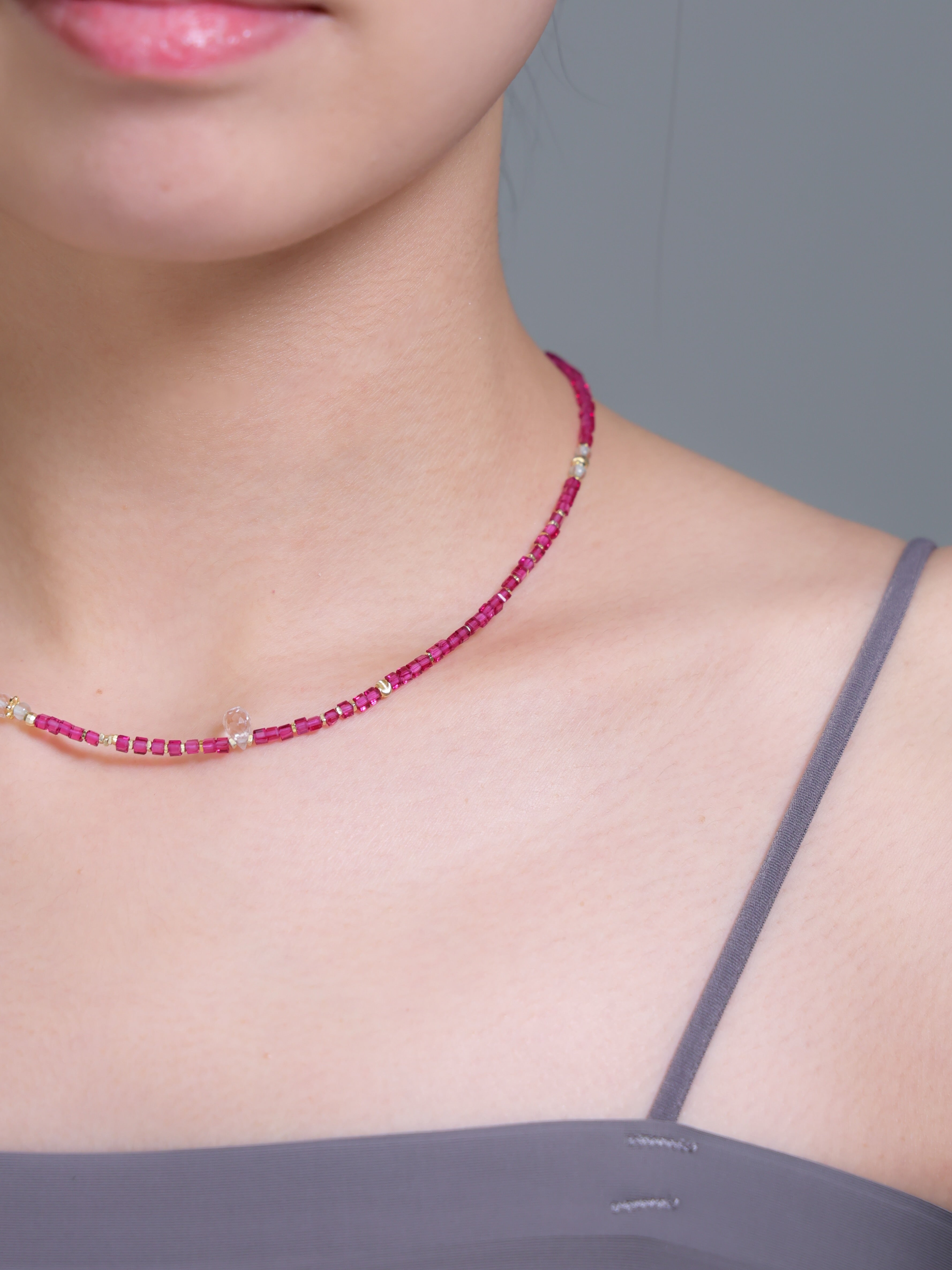 【7月 誕生石】レッドコランダム ローズクォーツ | 華奢 上品 K14メッキ