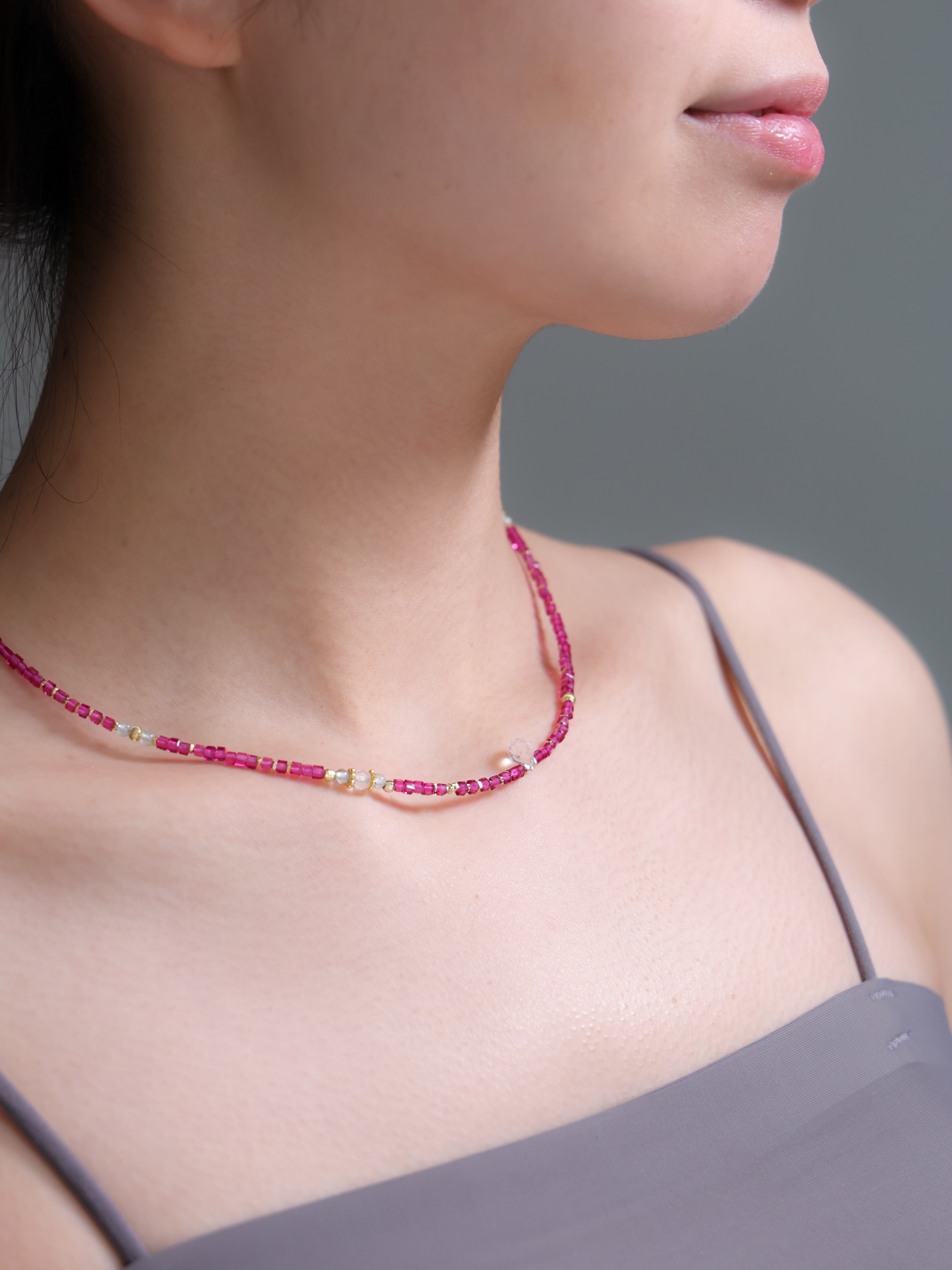 【7月 誕生石】レッドコランダム ローズクォーツ | 華奢 上品 K14メッキ