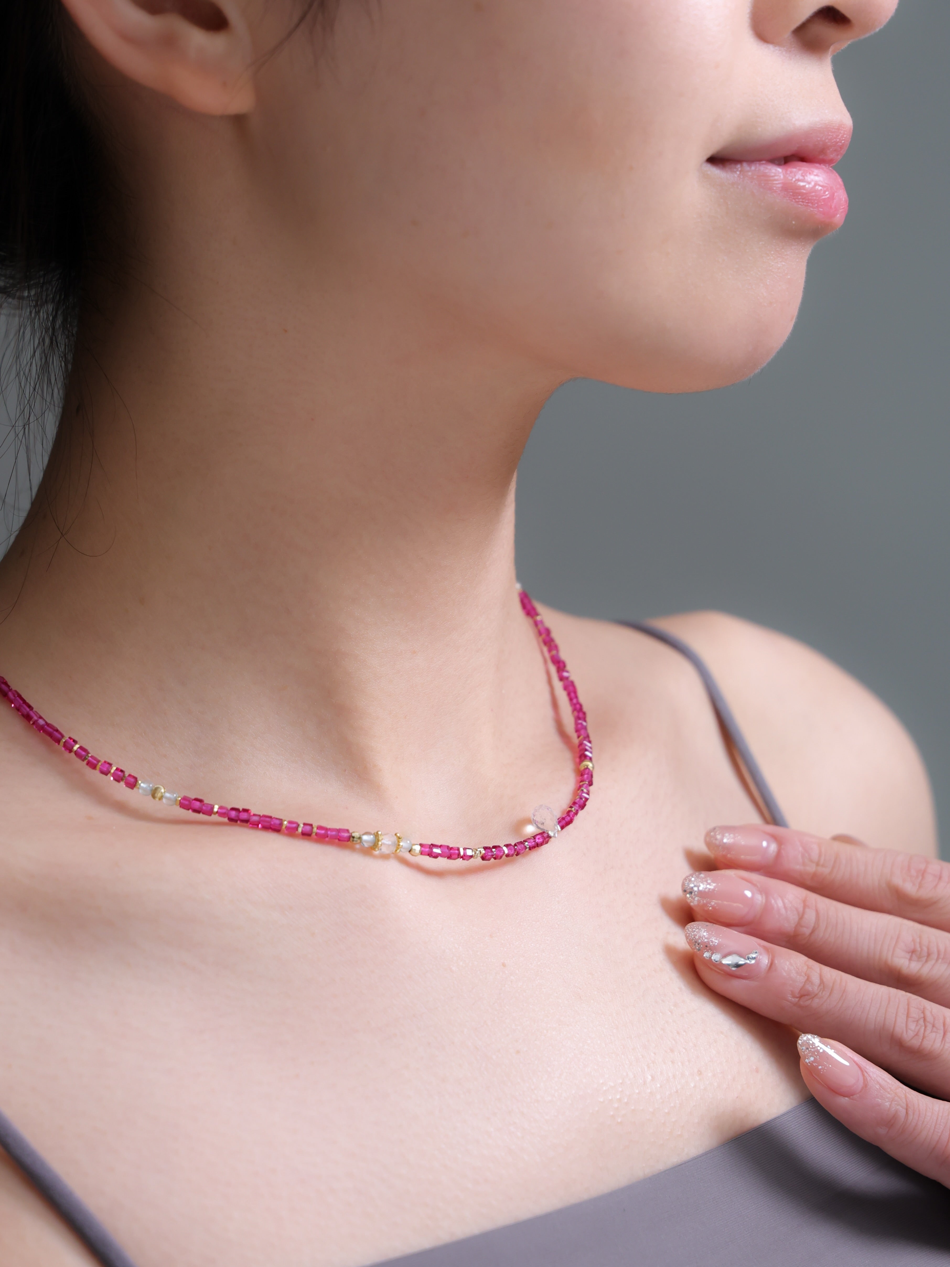 【7月 誕生石】レッドコランダム ローズクォーツ | 華奢 上品 K14メッキ