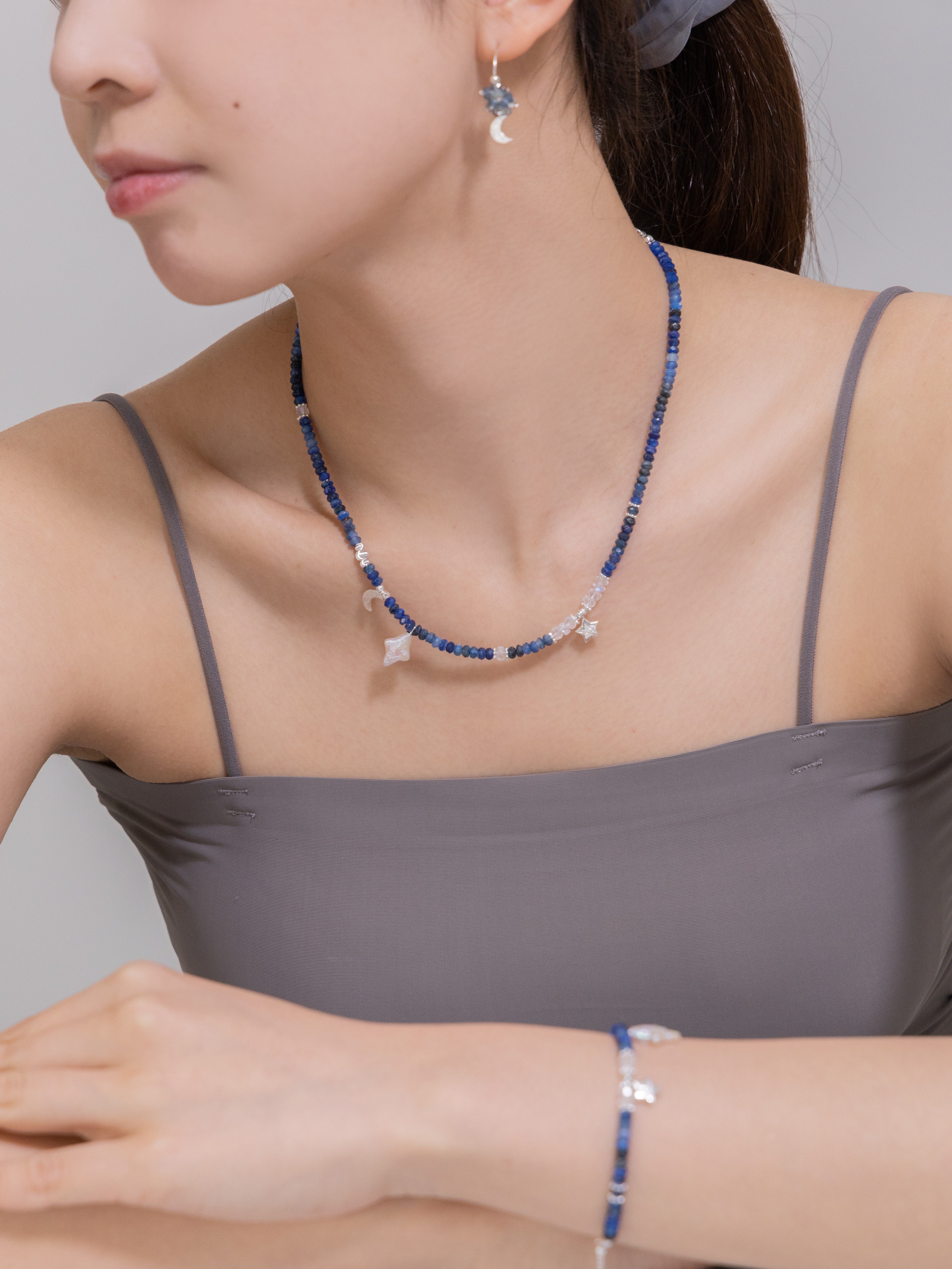 【6月 誕生石】カイヤナイト ムーンストーン | 星と月 華奢 SV925