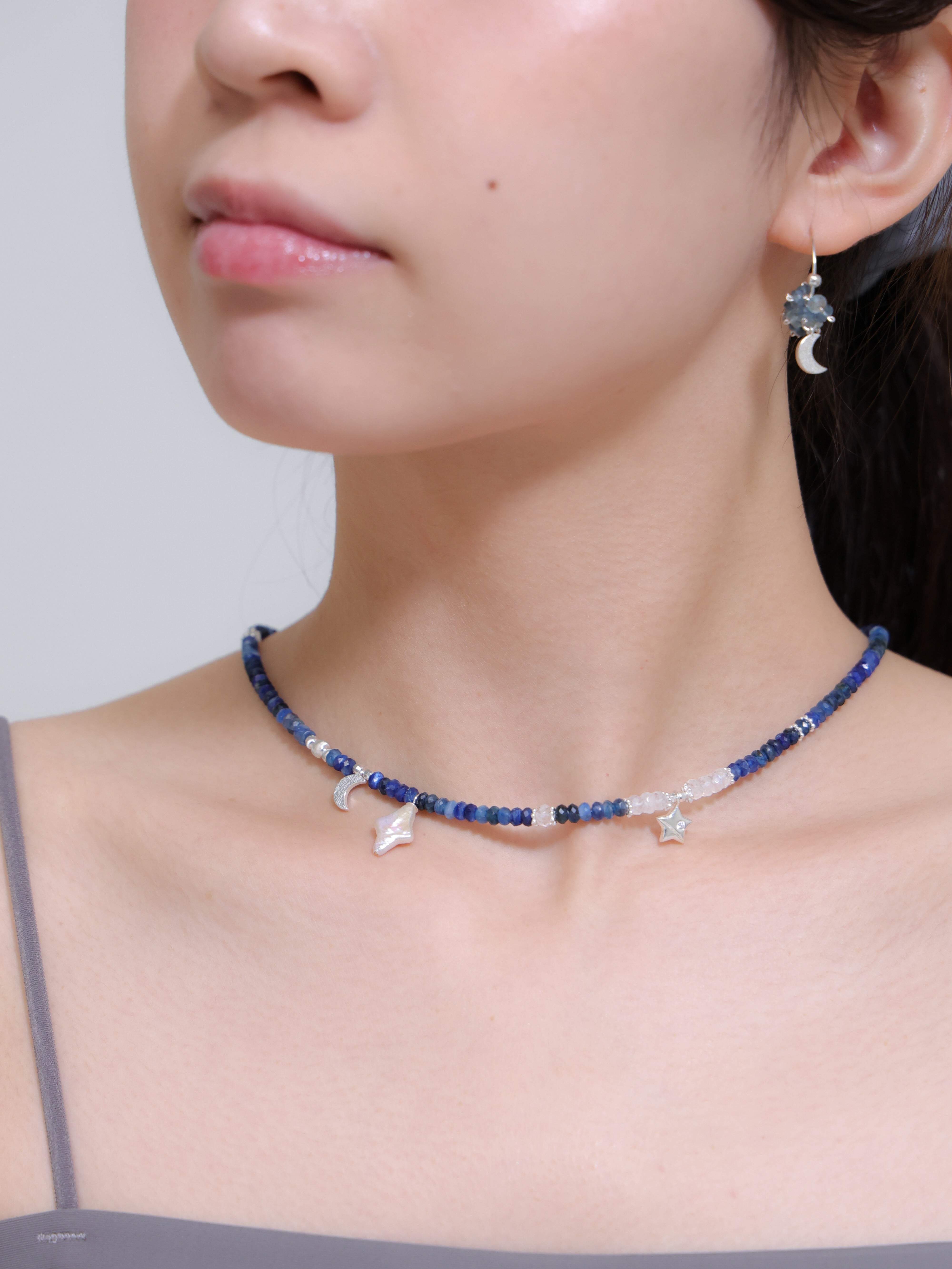 【6月 誕生石】カイヤナイト ムーンストーン | 星と月 華奢 SV925