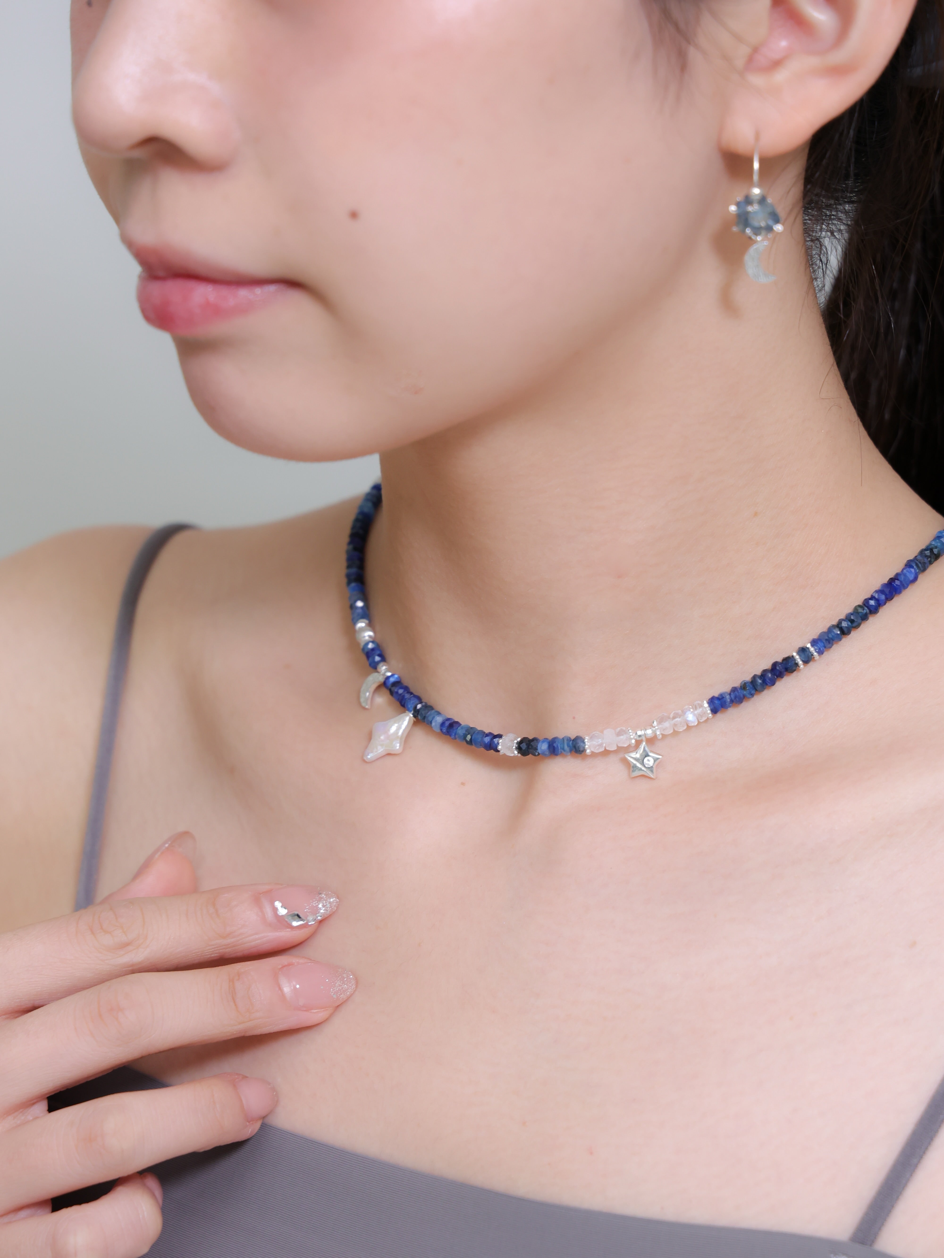 【6月 誕生石】カイヤナイト ムーンストーン | 星と月 華奢 SV925