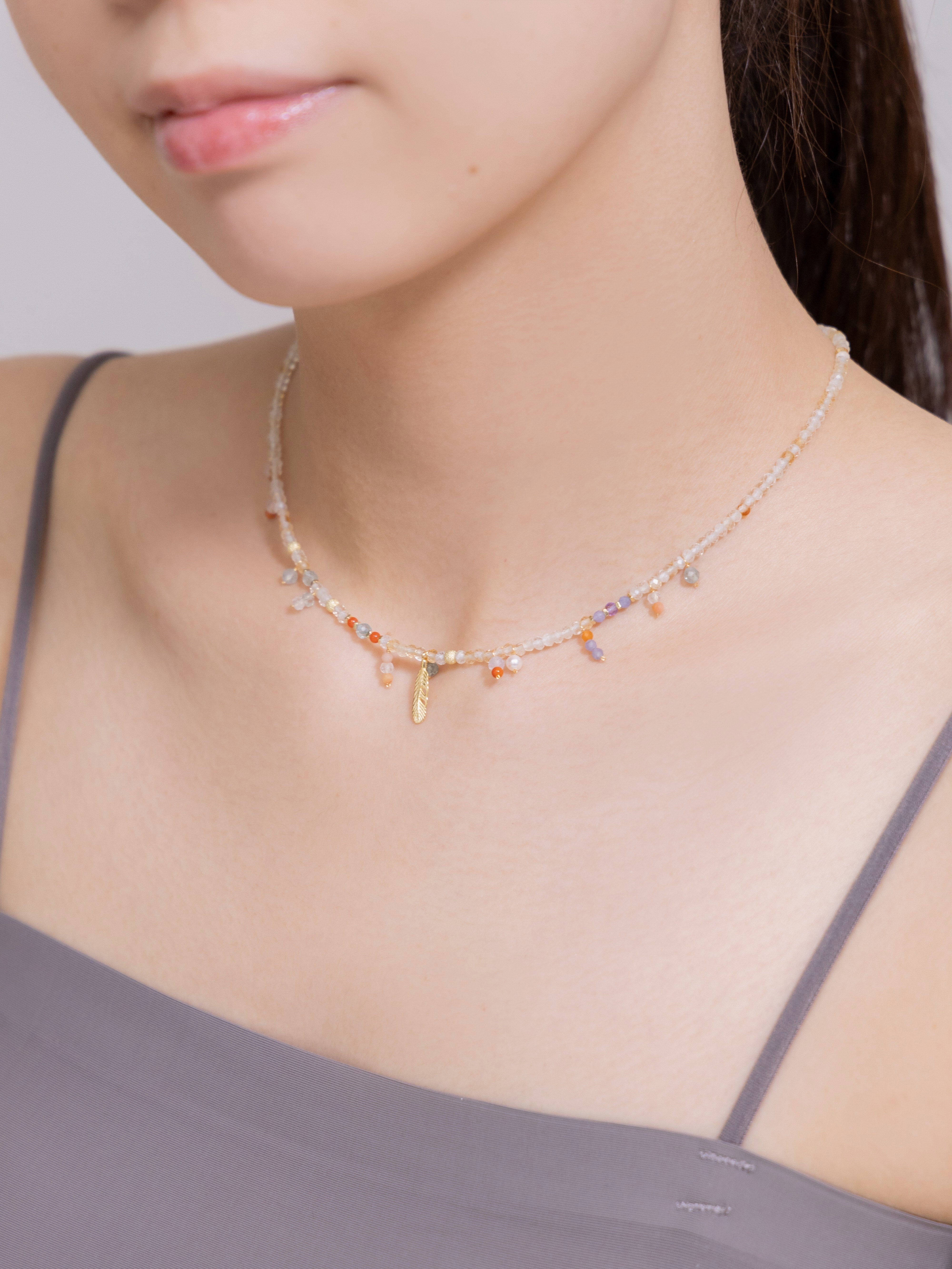 【羽】シトリン フェザーチャーム ネックレス｜SV925（K14メッキ）