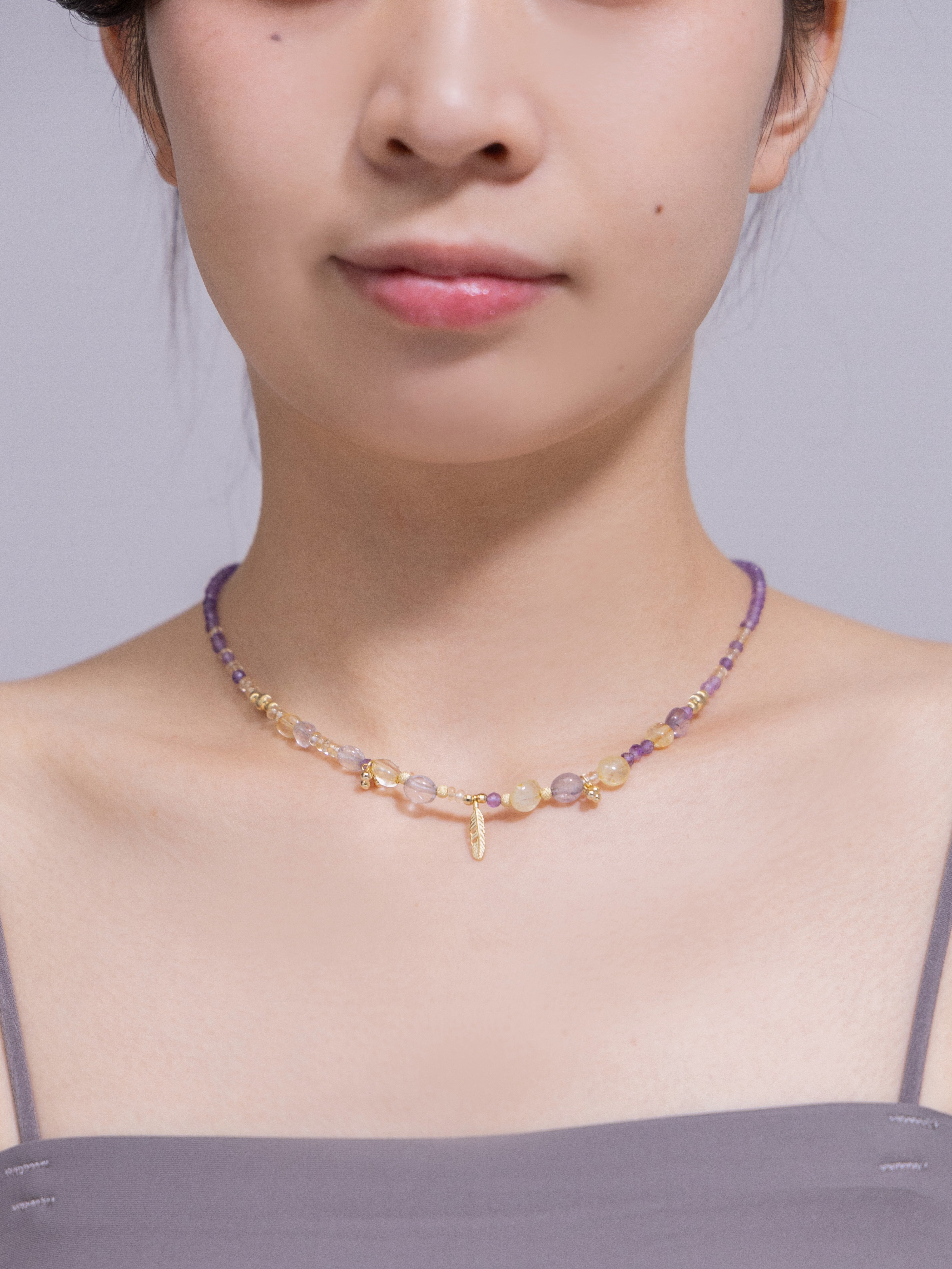 【2月・11月 誕生石】アメジスト シトリン | 華奢 フェザー K14メッキ