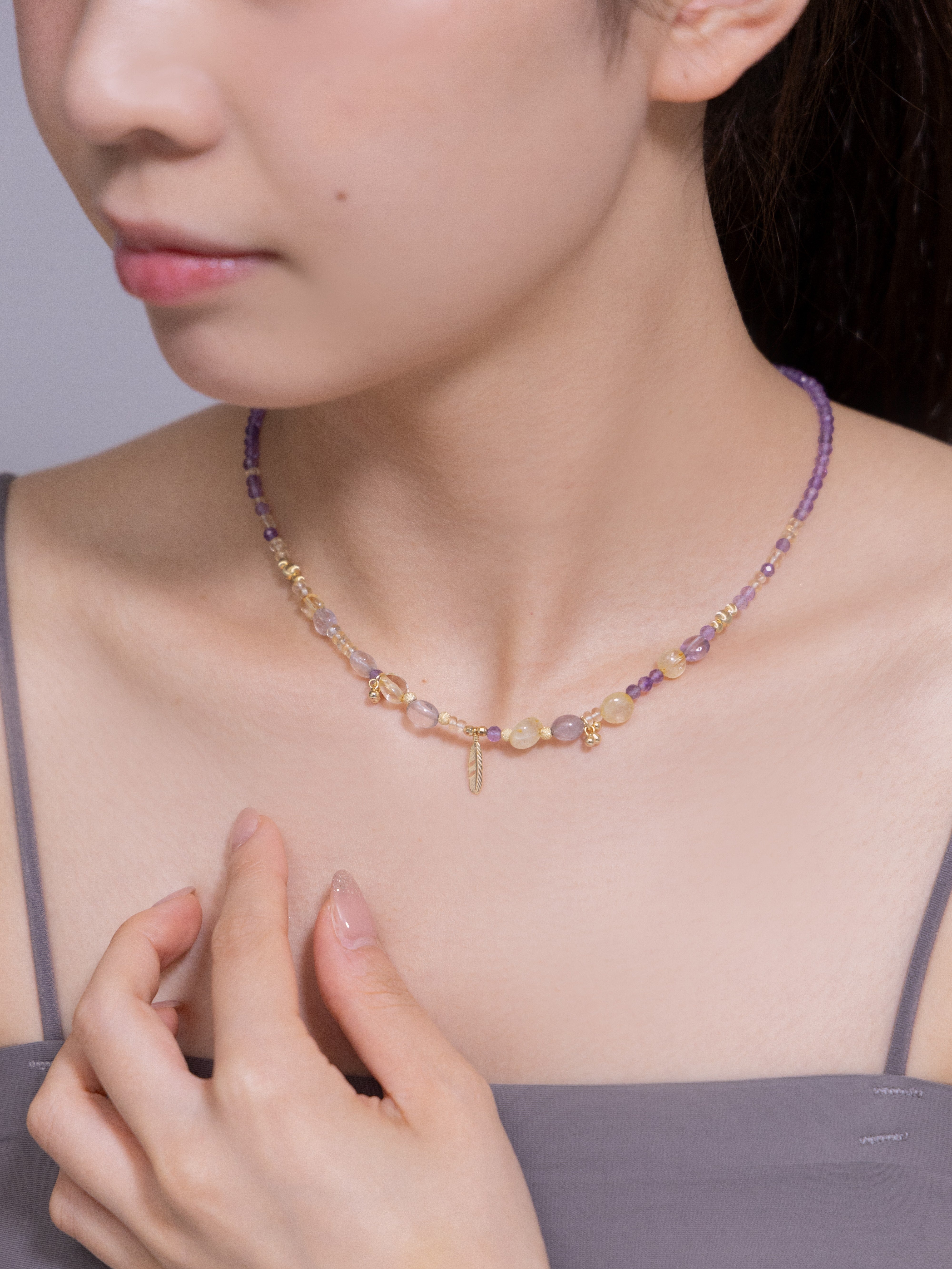 【2月・11月 誕生石】アメジスト シトリン | 華奢 フェザー K14メッキ