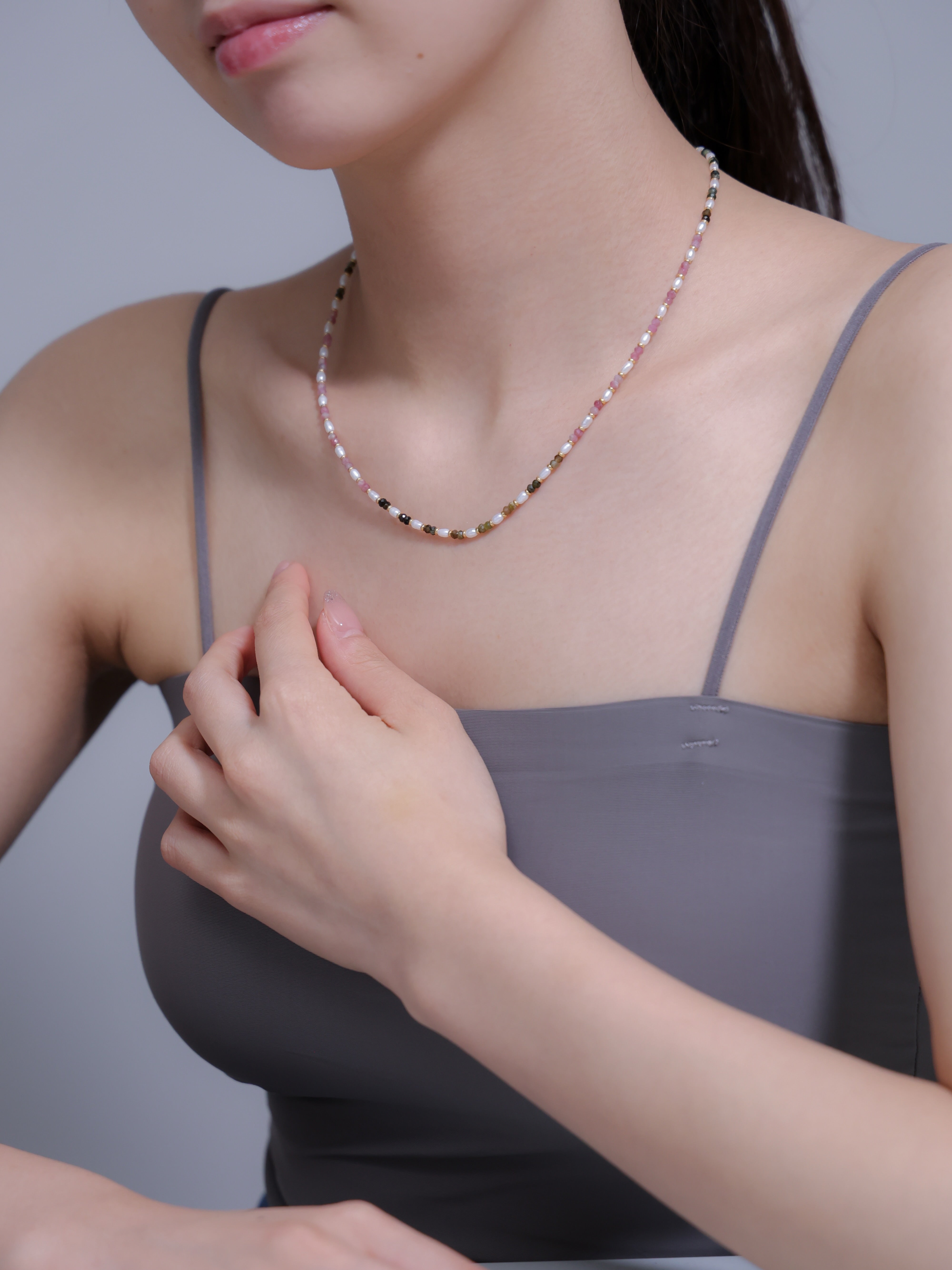 【10月・6月 誕生石】トルマリン 淡水パール | マルチカラー 華奢 K14G