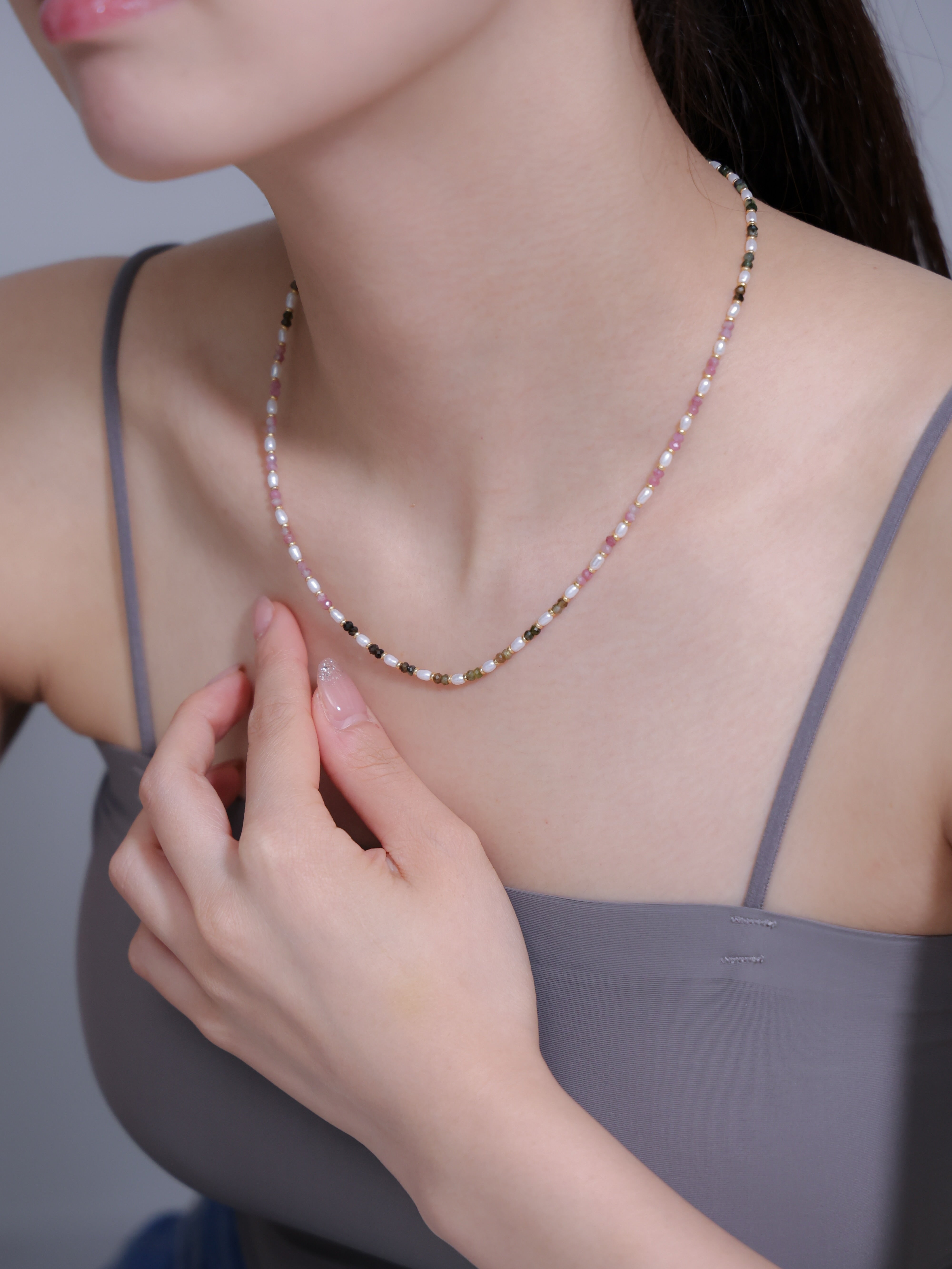 【10月・6月 誕生石】トルマリン 淡水パール | マルチカラー 華奢 K14G