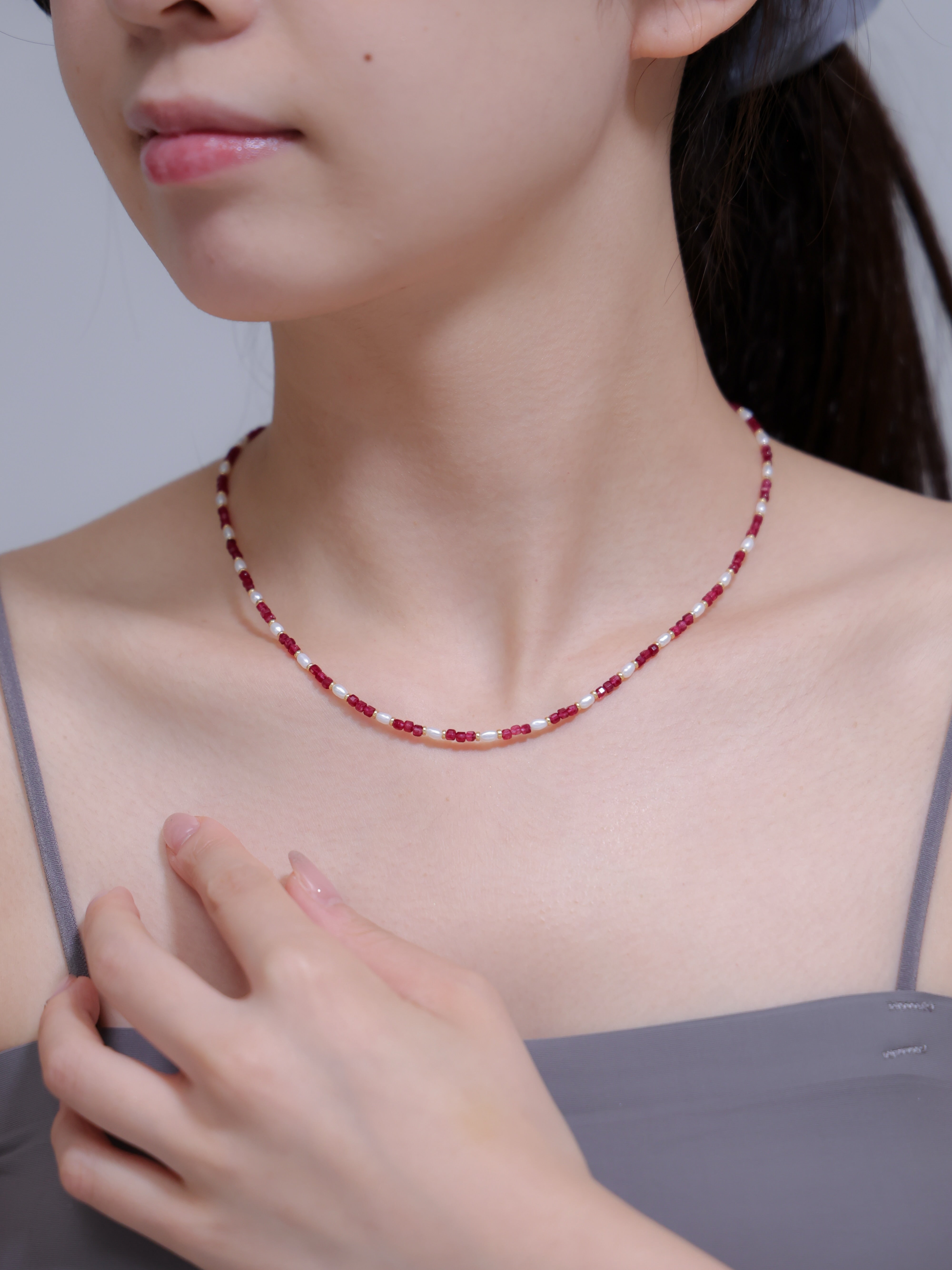 ルビー ビーズ ネックレス｜SV925（K14Gメッキ）