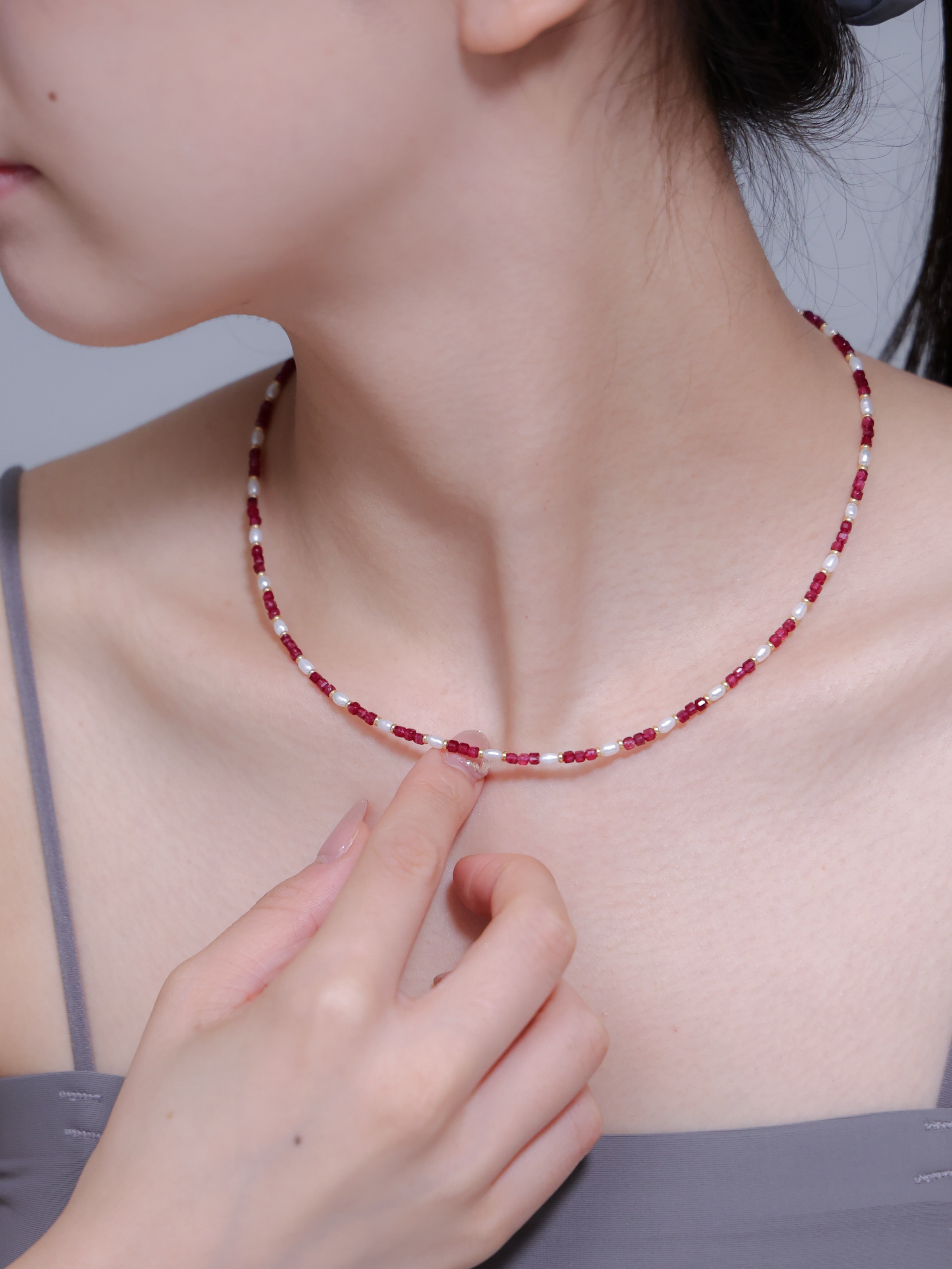 ルビー ビーズ ネックレス｜SV925（K14Gメッキ）