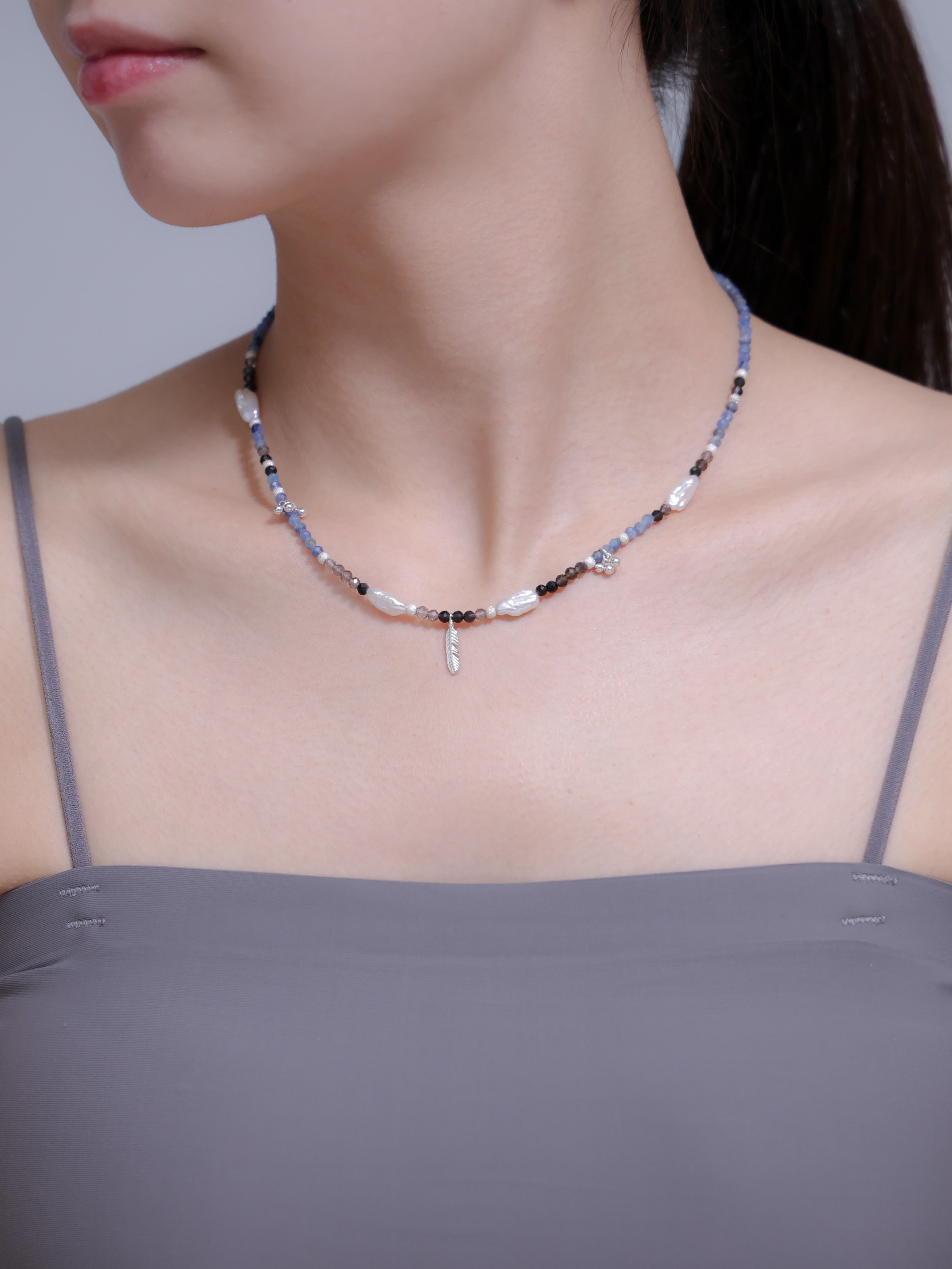 【お守り・6月 誕生石】カイヤナイト オブシディアン | フェザー 淡水パール