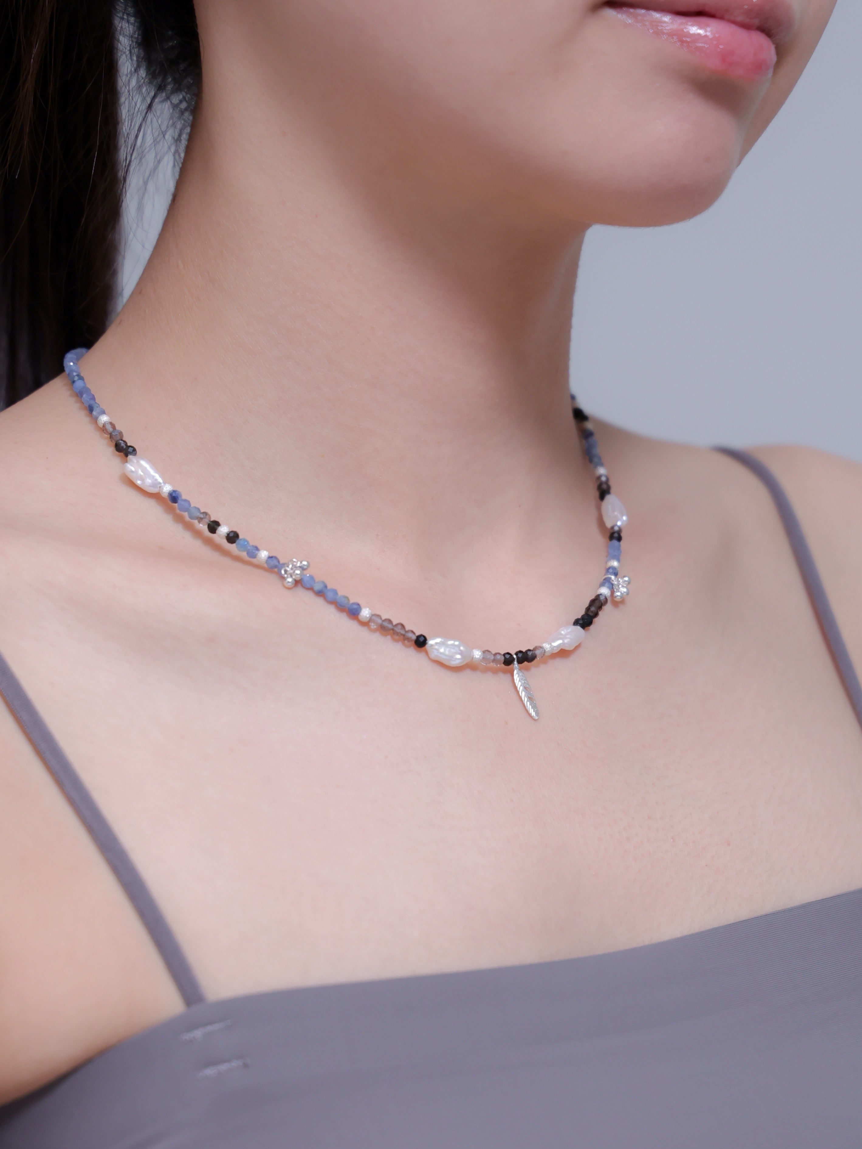 【お守り・6月 誕生石】カイヤナイト オブシディアン | フェザー 淡水パール