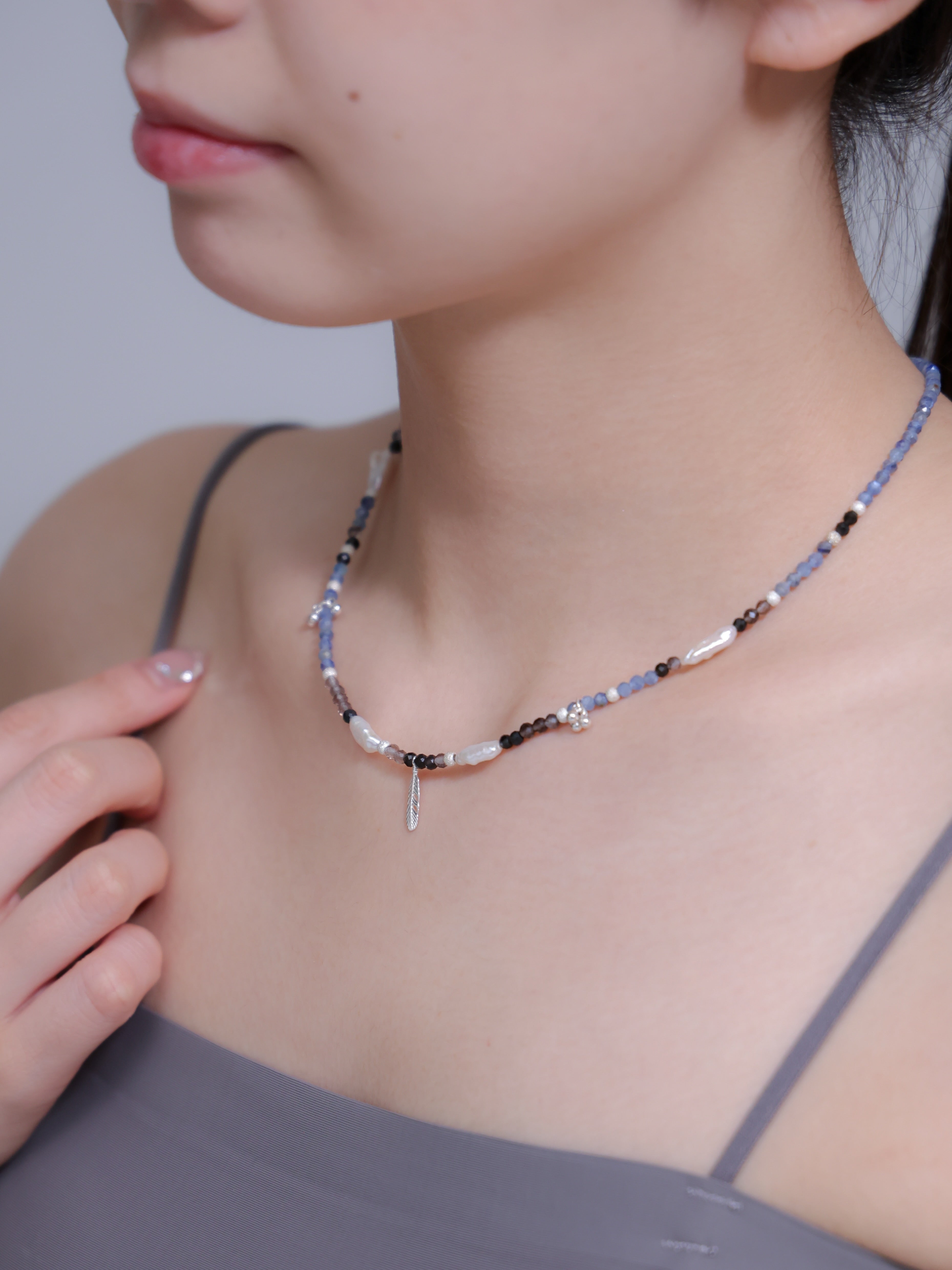 【お守り・6月 誕生石】カイヤナイト オブシディアン | フェザー 淡水パール