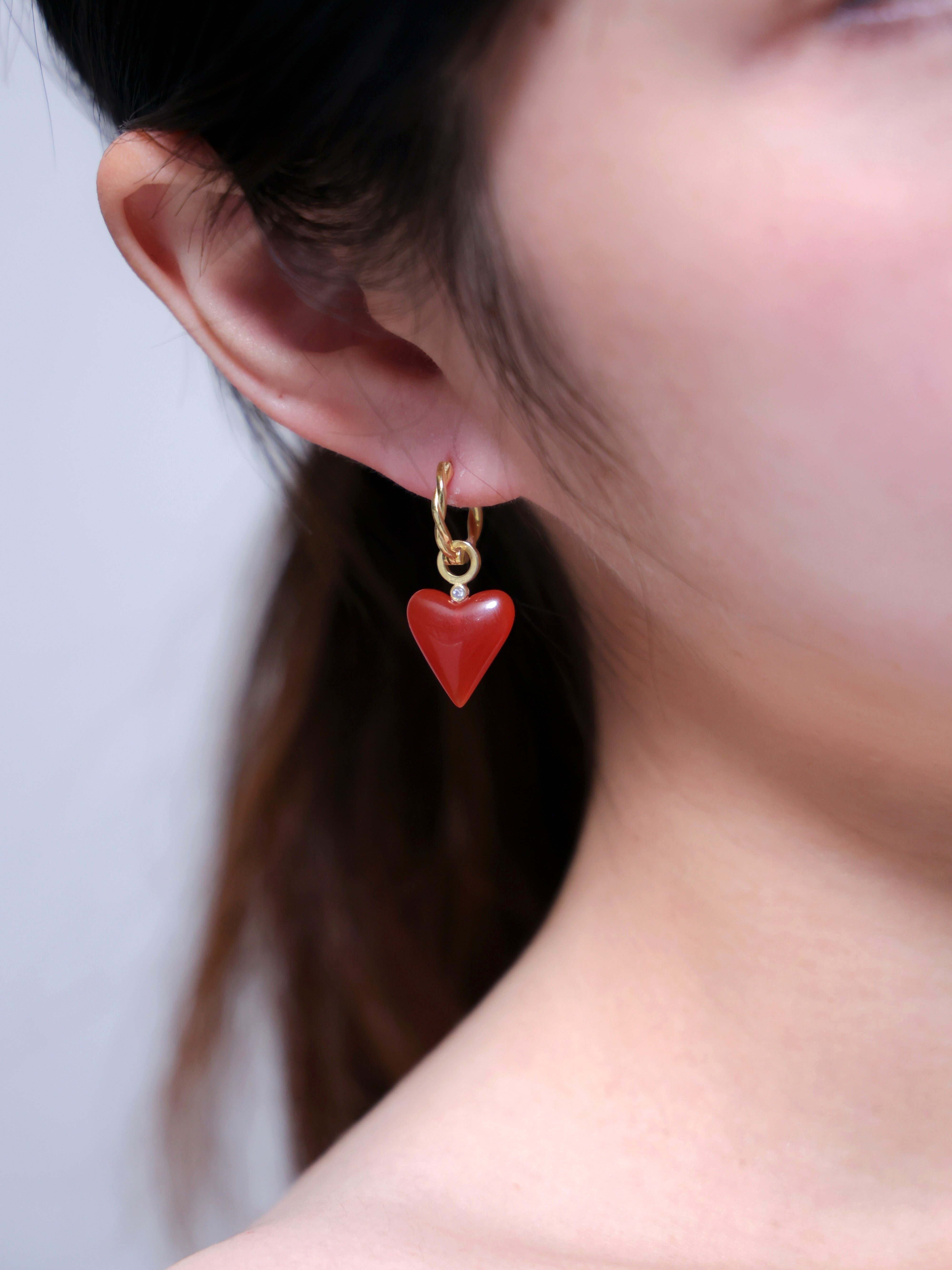 【大人ハート】オニキス & 赤メノウ フープピアス | 立体ハート・金銀2色 (SV925)