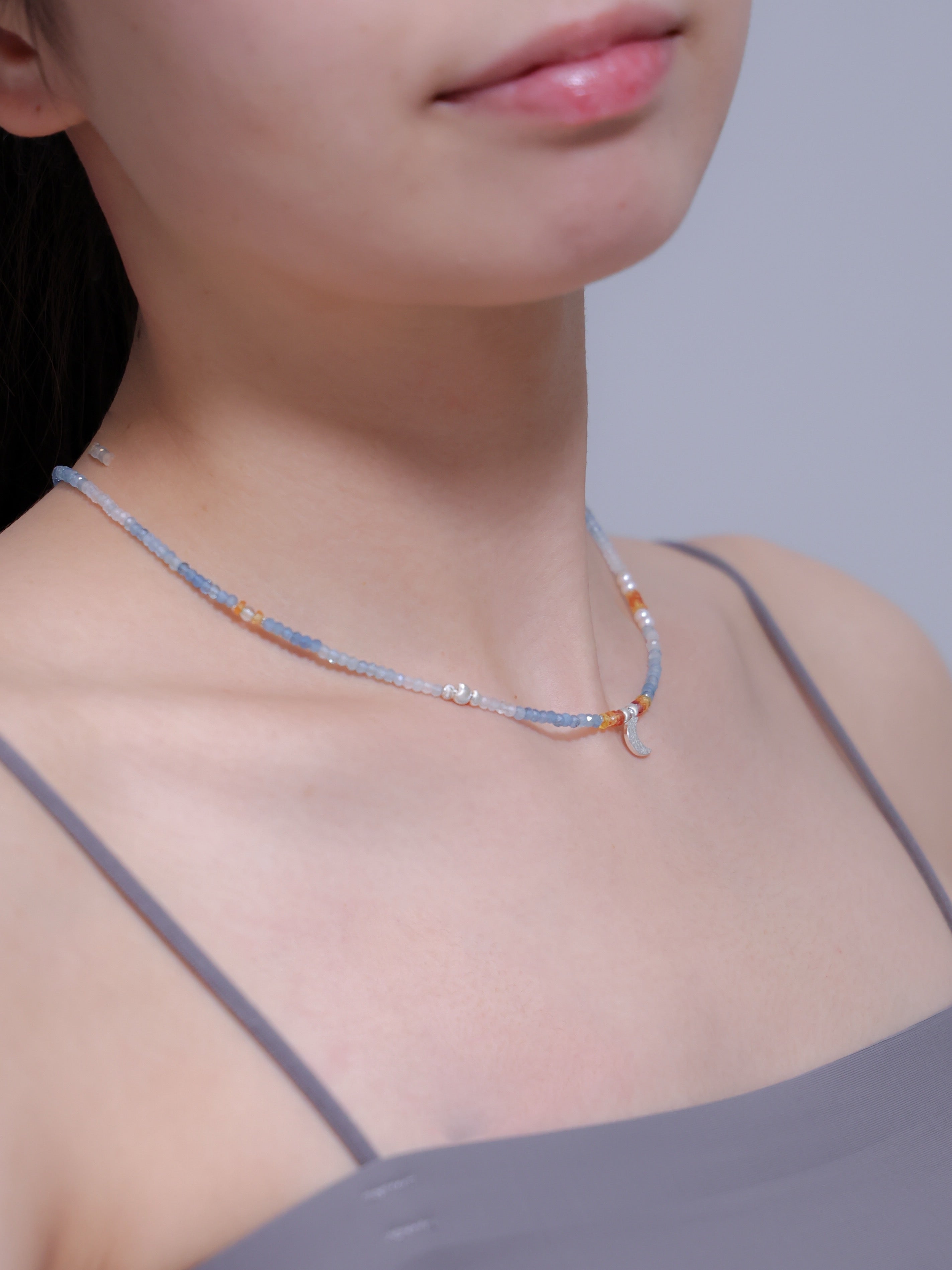 【3月 誕生石】アクアマリン ネックレス | 華奢 三日月チャーム SV925