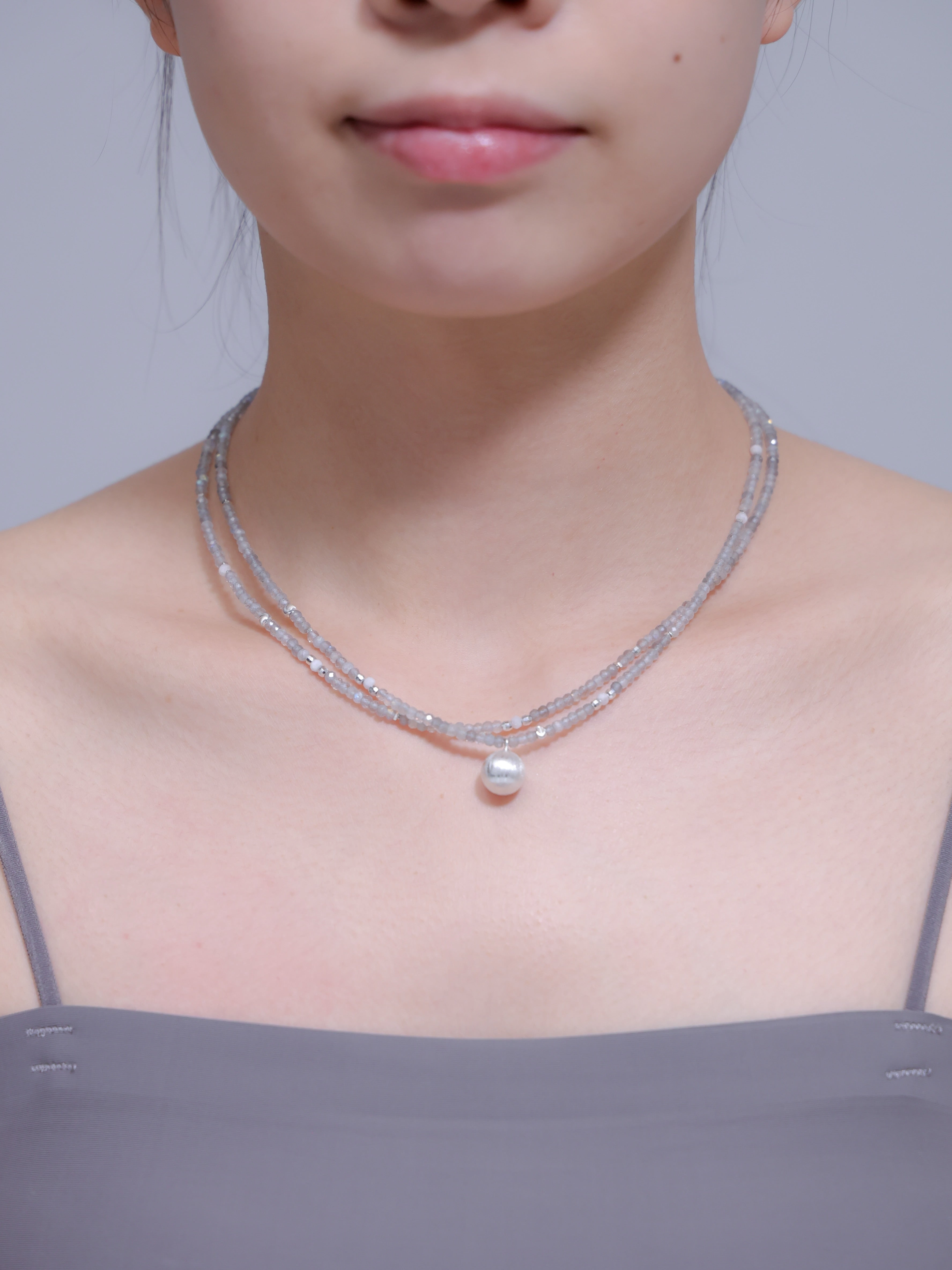 【6月 誕生石】グレームーンストーン 2連 ネックレス | 華奢 パールチャーム SV925