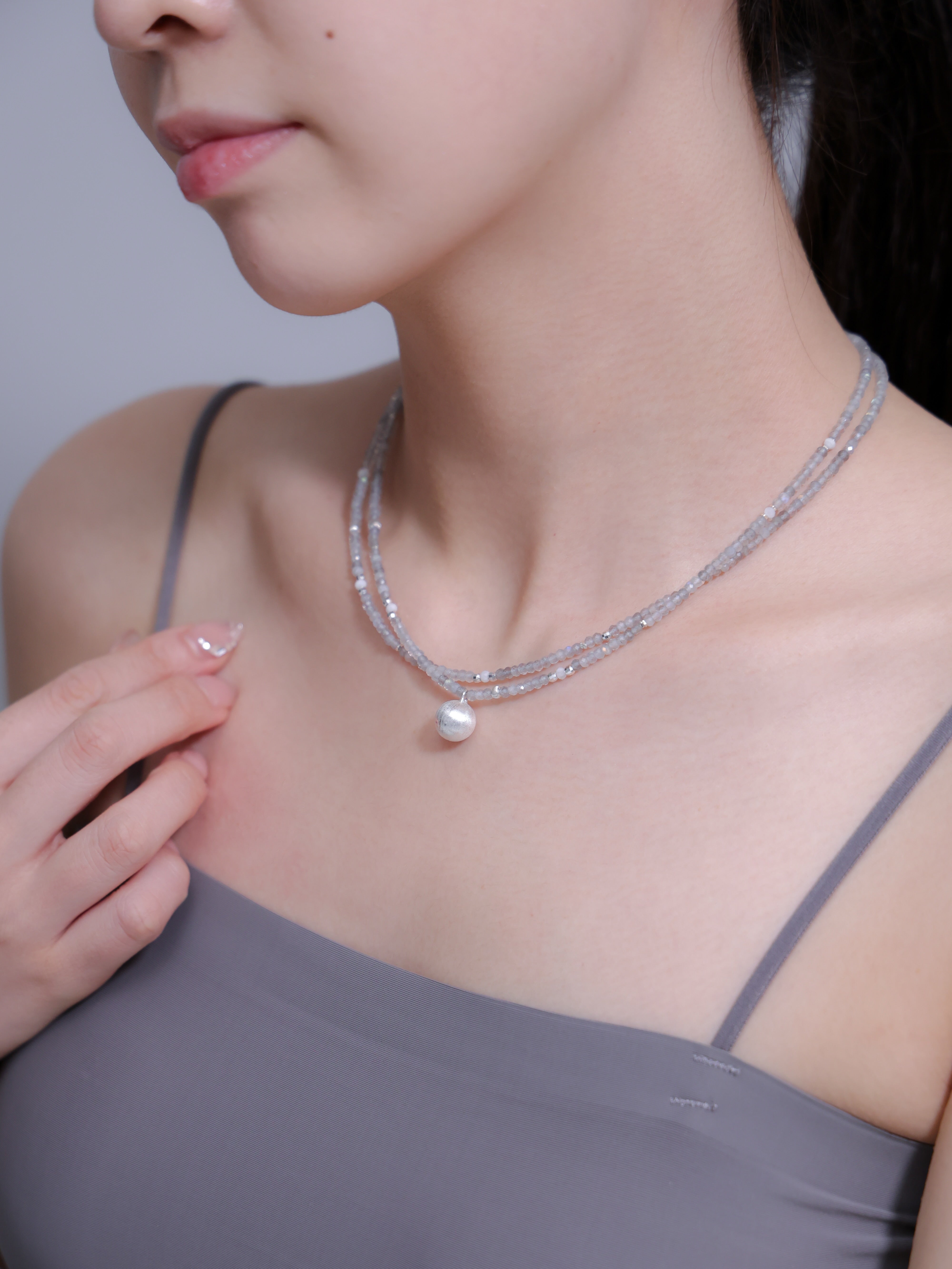 【6月 誕生石】グレームーンストーン 2連 ネックレス | 華奢 パールチャーム SV925