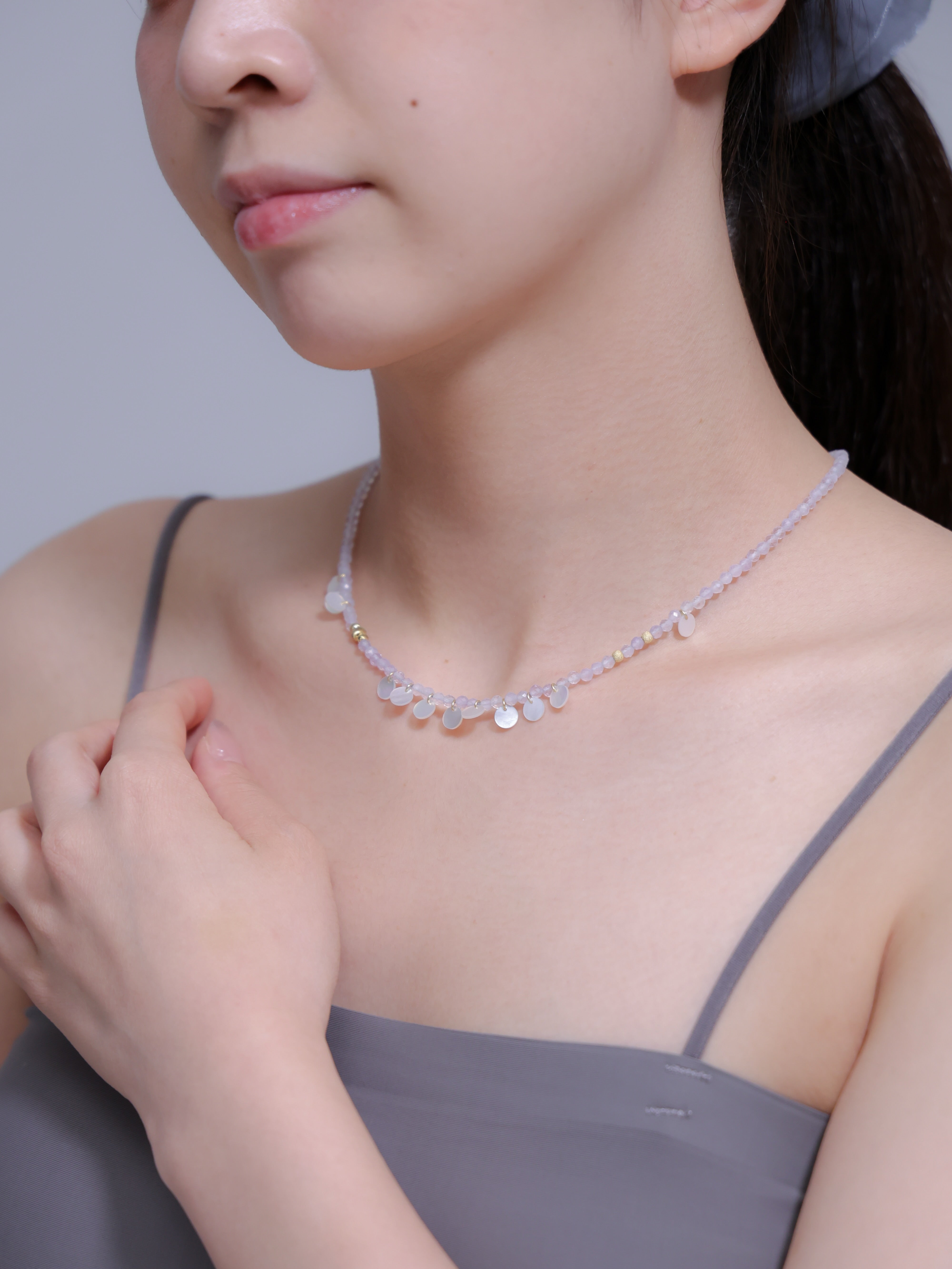 【6月 誕生石】パープルカルセドニー 白蝶貝 | 華奢 シェル K14メッキ