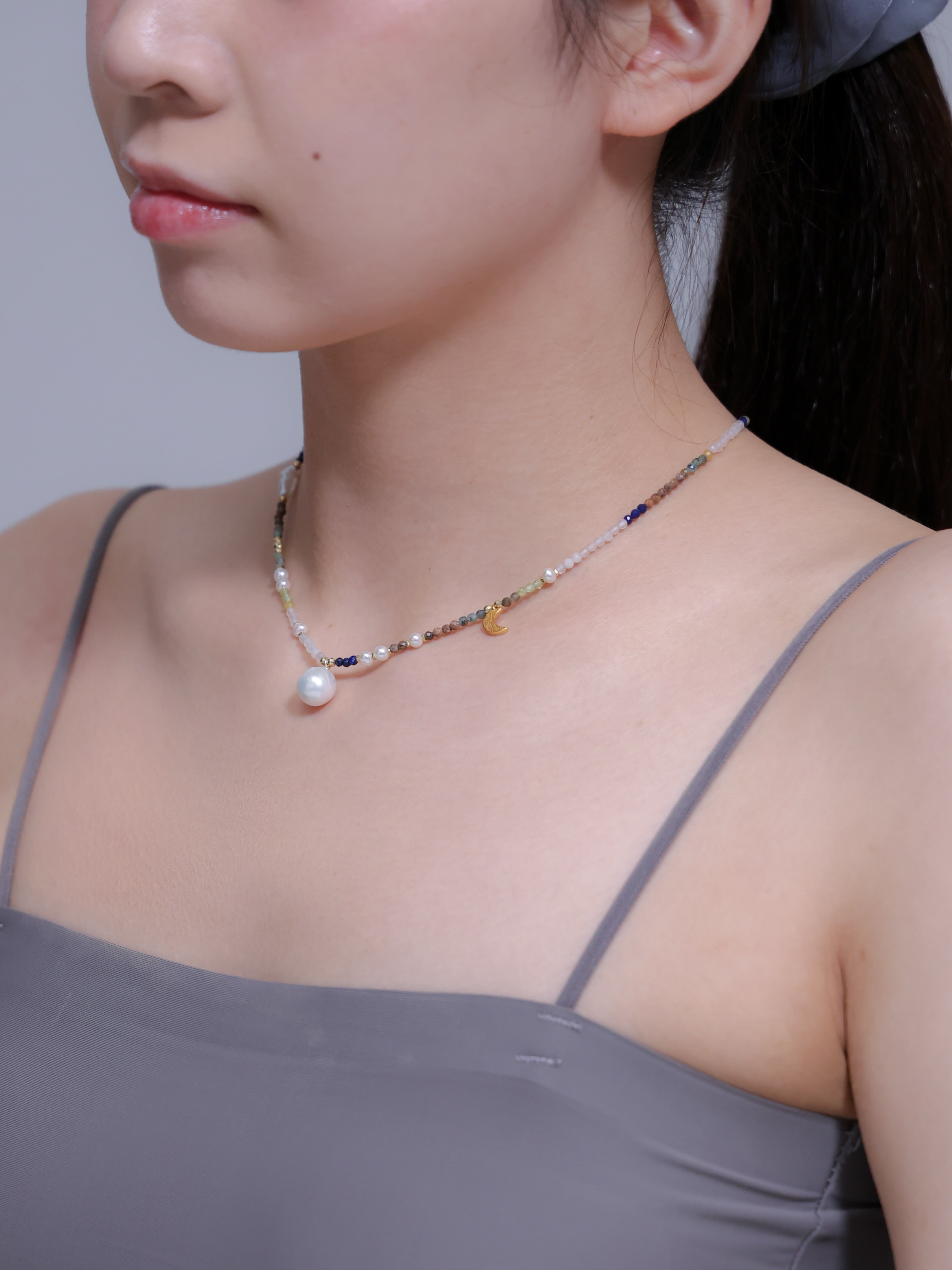 【12月 誕生石】ラピス ターコイズ | 華奢 アシンメトリー 三日月 K14メッキ