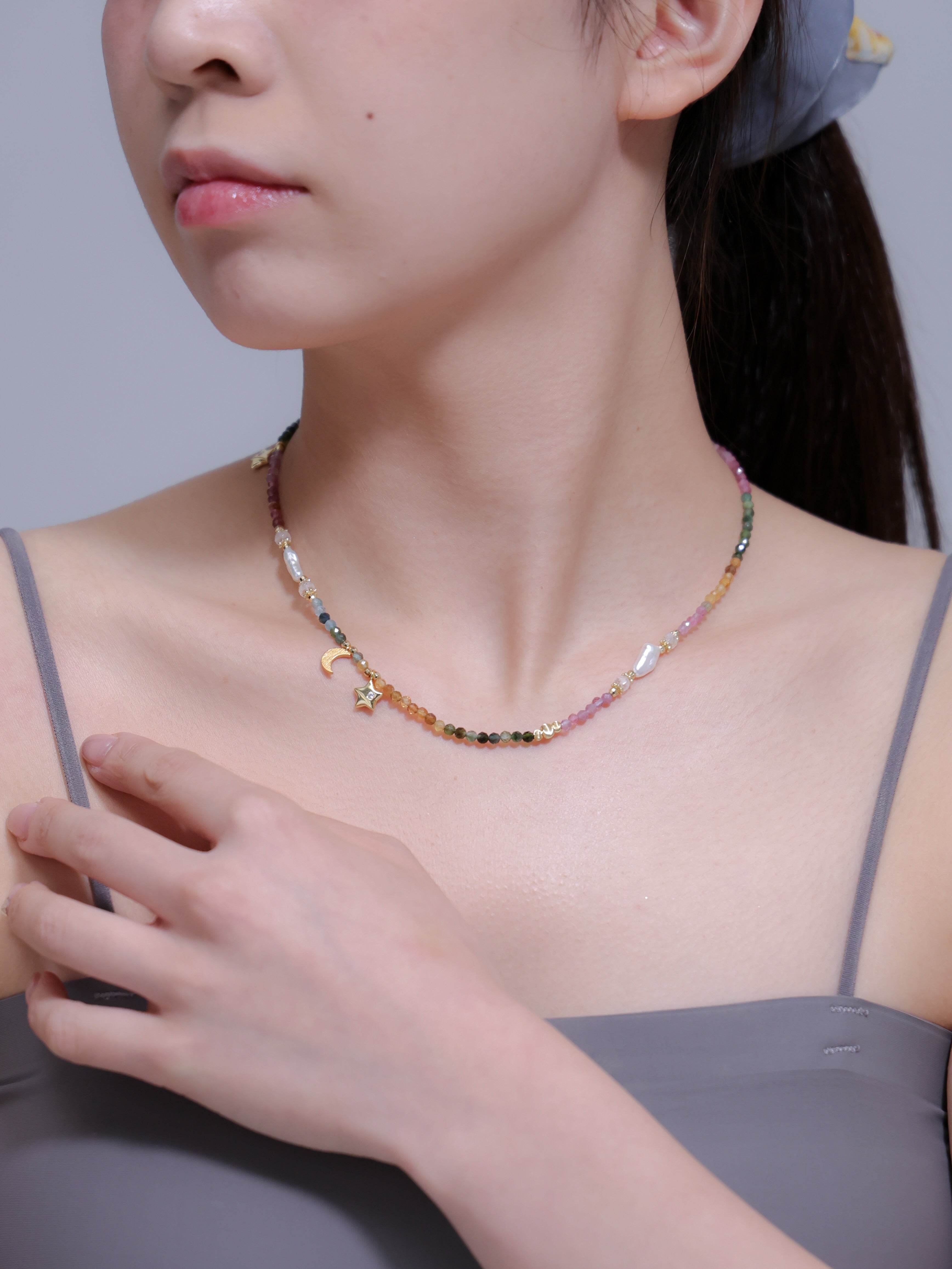 【10月・6月 誕生石】トルマリン 淡水パール | 星と月 華奢 K14メッキ