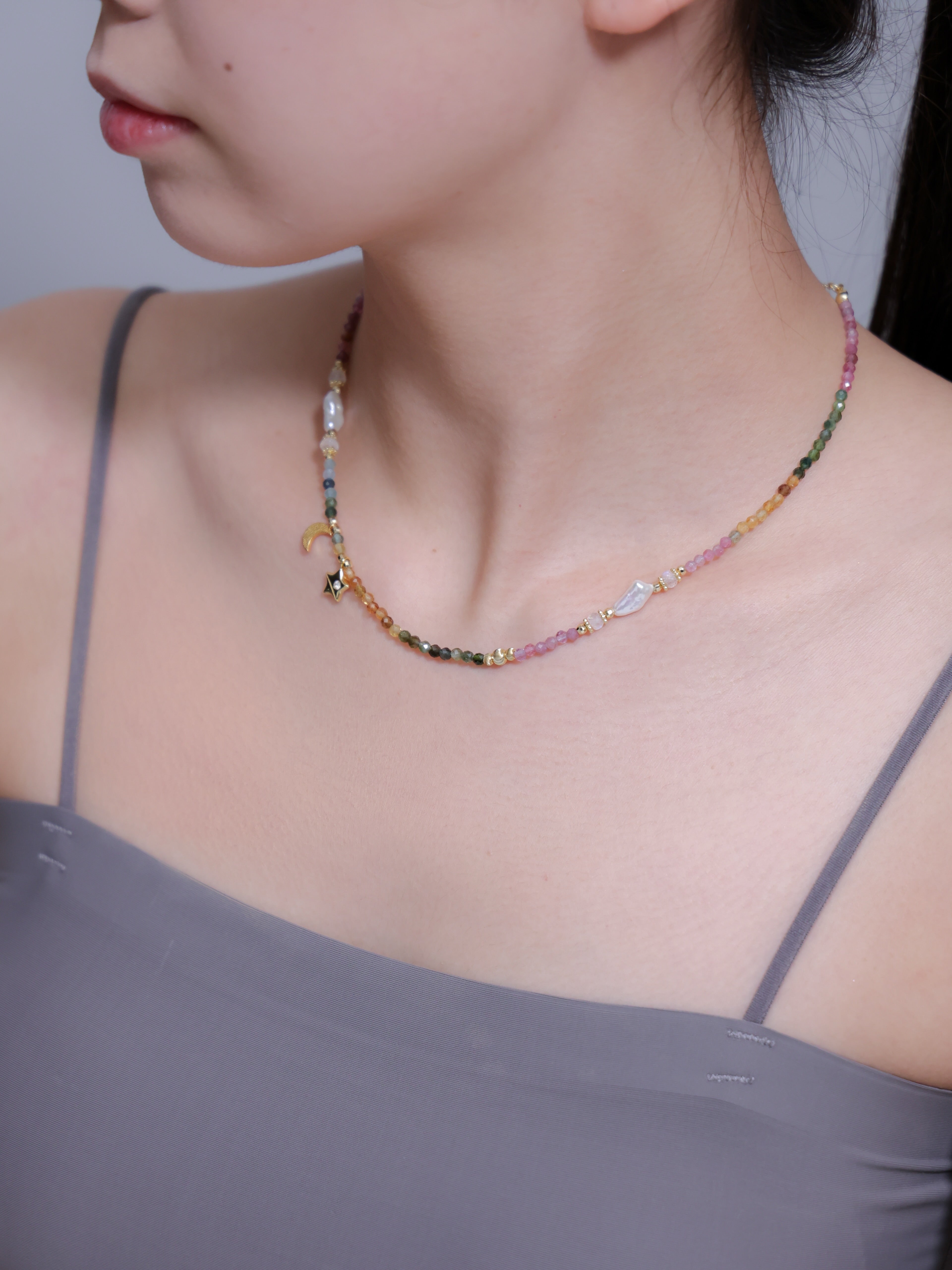 【10月・6月 誕生石】トルマリン 淡水パール | 星と月 華奢 K14メッキ