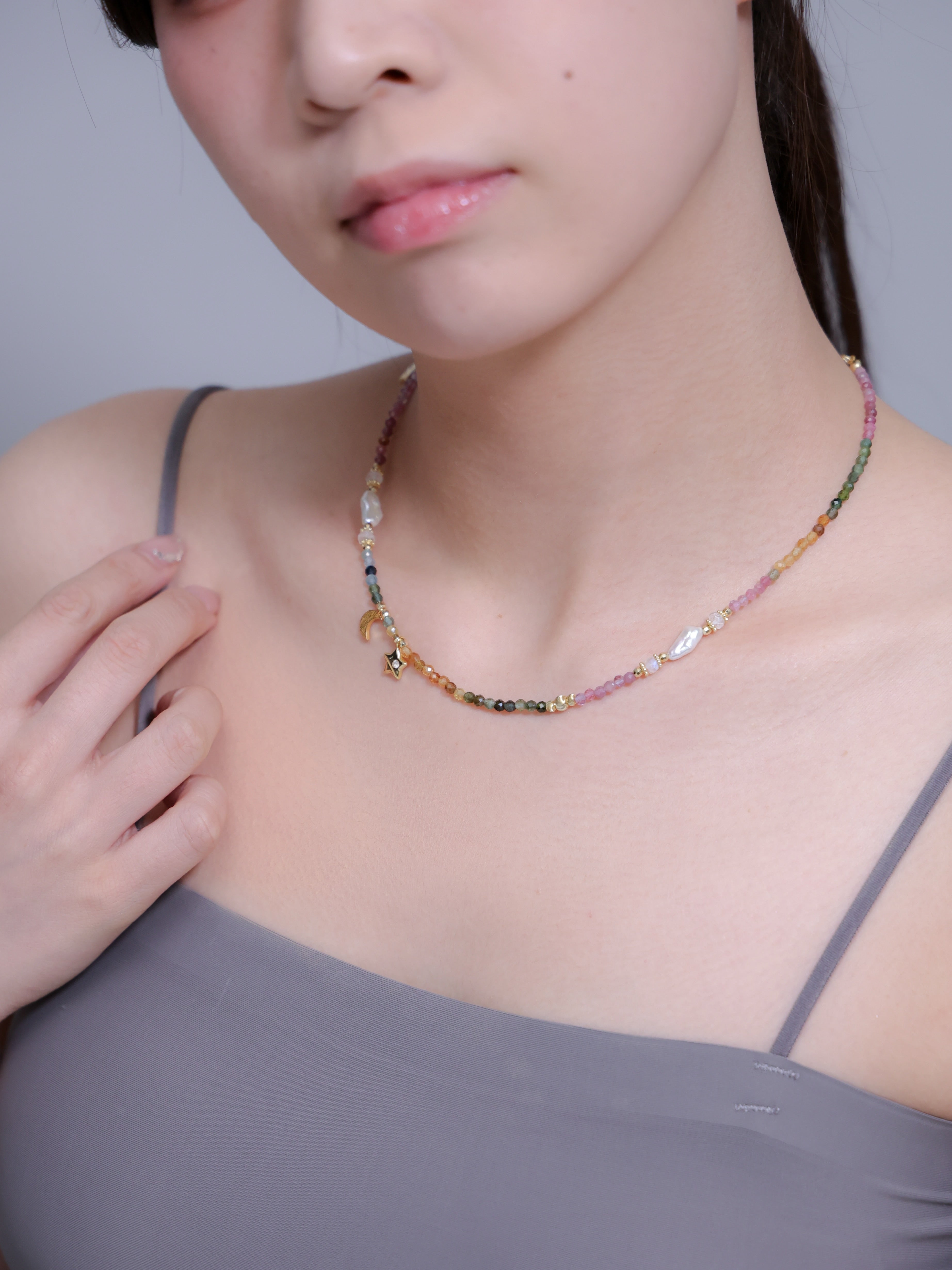 【10月・6月 誕生石】トルマリン 淡水パール | 星と月 華奢 K14メッキ